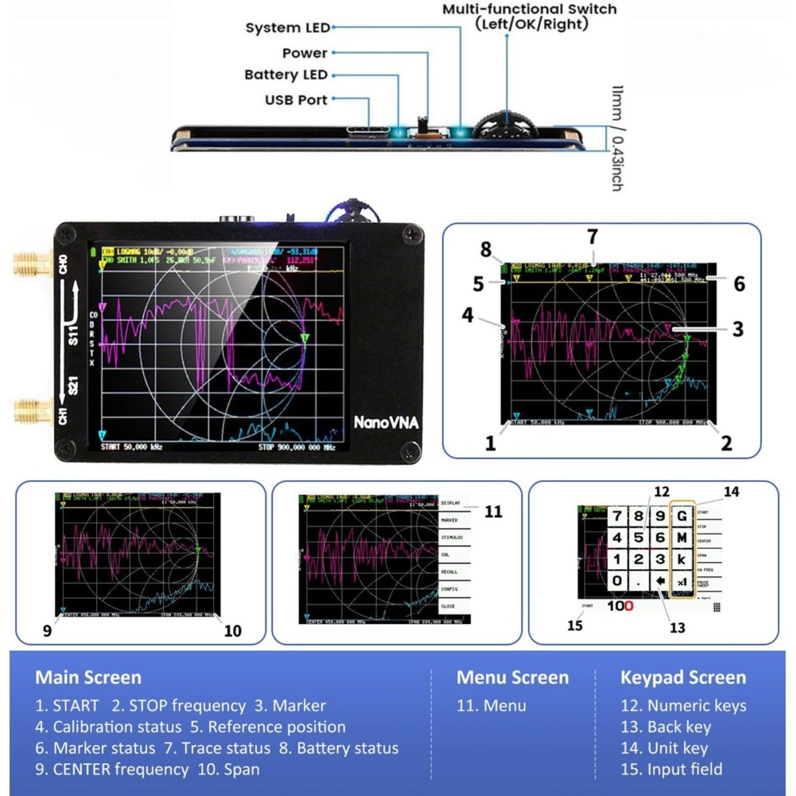 Vektor Netzwerk Antennenanalysator 50KHz-1,5GHz Mit 2,8" Touchscreen Und Für MicroSD-Kartenslot Kompatibel Mit Für NanoVNA-PCB Mit Für SMA-Kalibrierkit