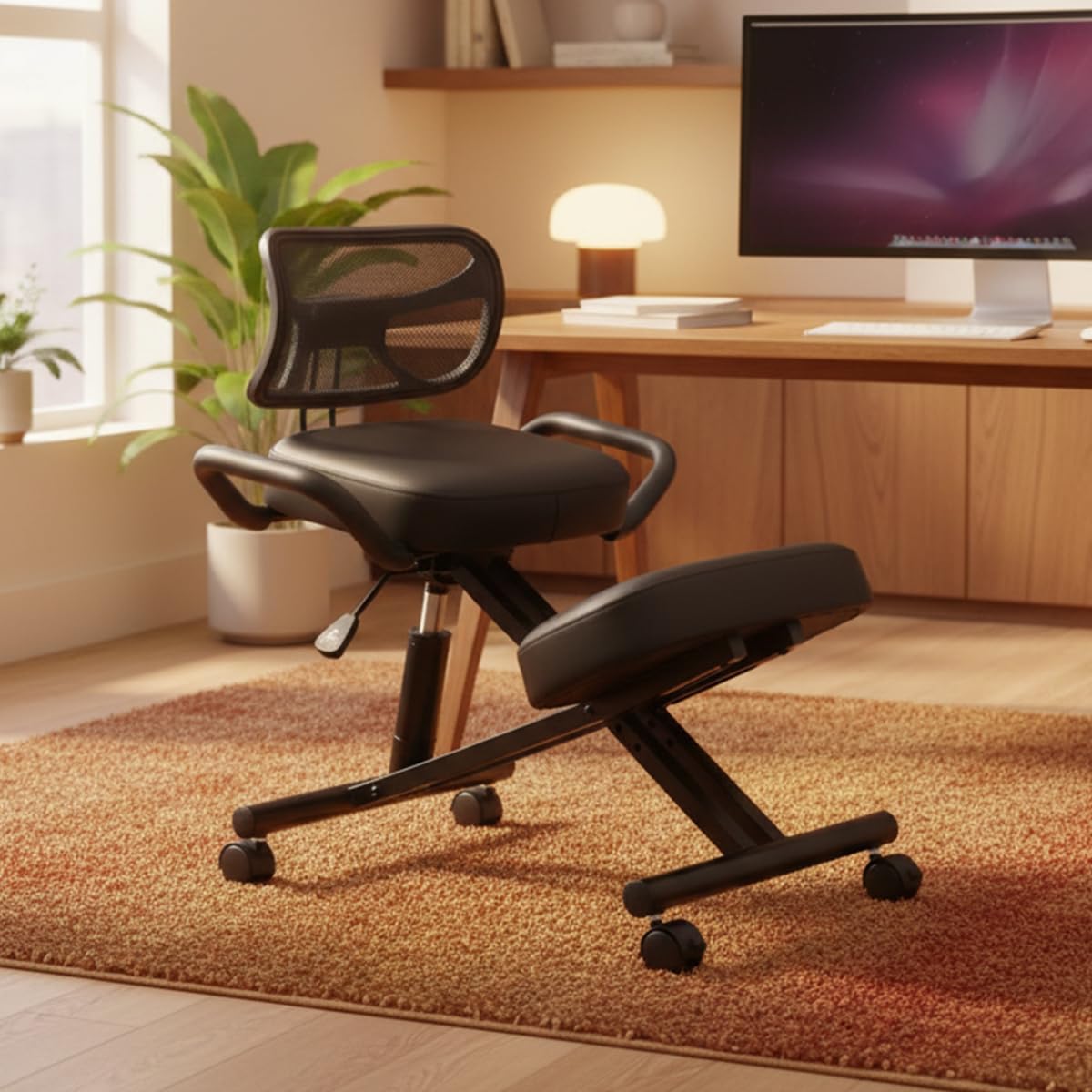 Spacetronik Kniestuhl Ergonomisch mit Rückenlehne, Kniehocker Höhenverstellbar 45–65 cm, Bürostuhl zur Korrektur der Sitzhaltung, Rollhocker für Büro & Home Office, Stahlrahmen bis 125 kg