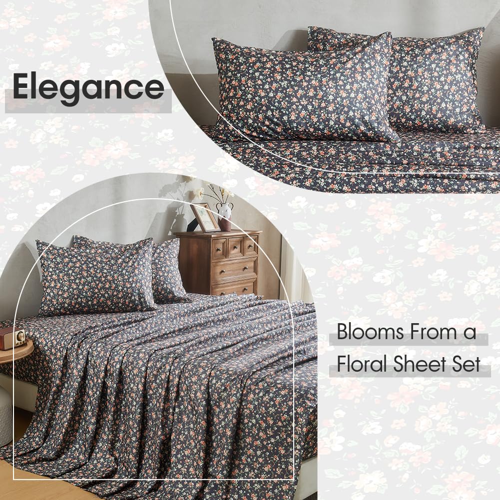 HYPREST Grey Black Sheets King,Deep Pocket Sheets, 1800 Thread Count Pattrn Bed Sheets Soft Breathable Cute Printed Boho Farmhouse Bed Sheets, Oeko-Tex Certificated- Up to 18 Inch