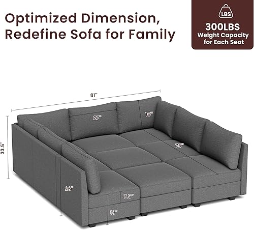 Miniatura 2 de Modern 9-Seater Modular Sectional Sofa Couch, U Shaped Convertible Sofa Bed with Storage, Armless Linen Fabric L Shaped Cloud Couch for Living Room,