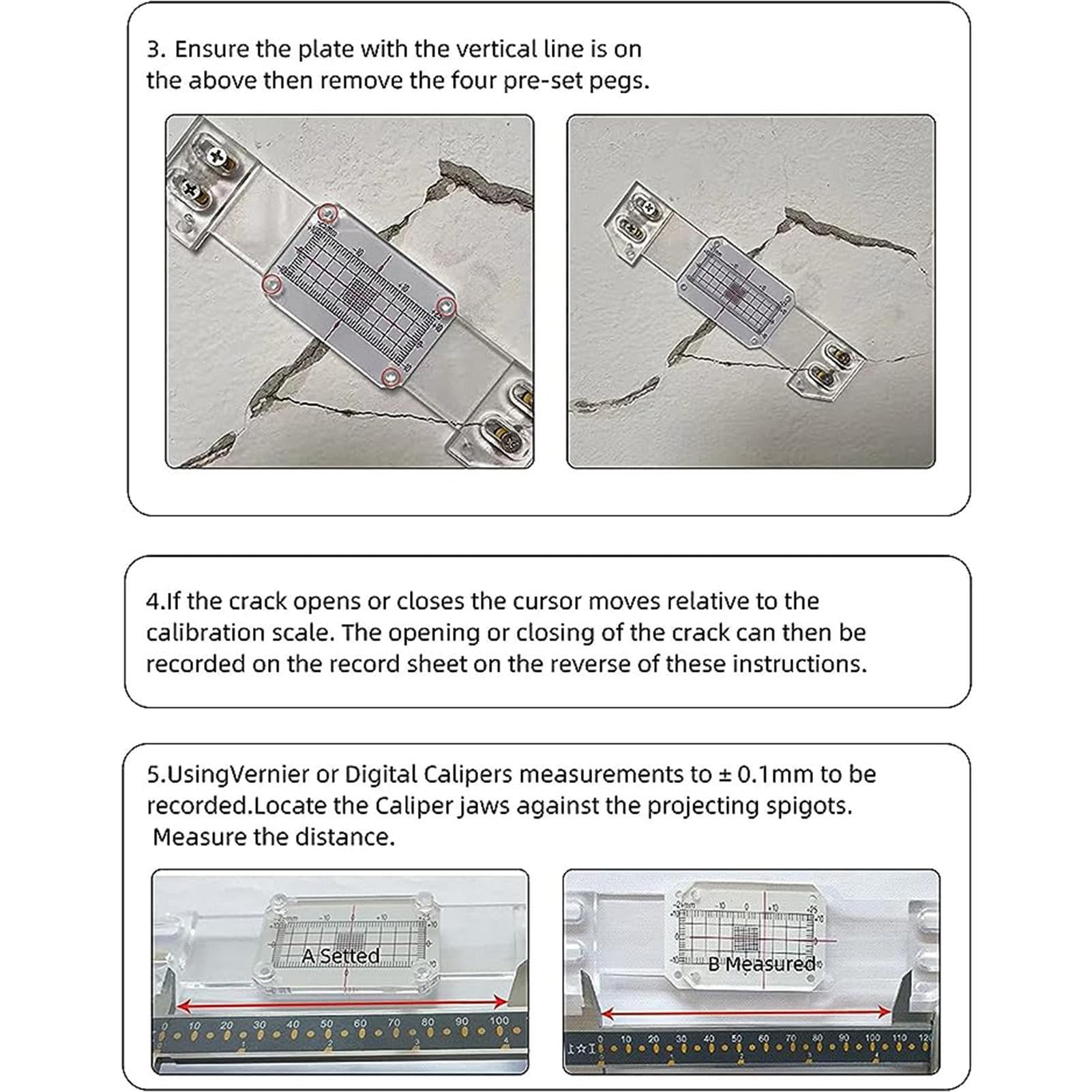 4 Pezzi Monitoraggio Crepe - Fessurimetro Per Superfici Piane - Monitor Del Calibro Di Crepa - Fessurimetro Da Parete Manuale | Per Monitoraggio Della Deformazione Della Parete E Delle Crepe