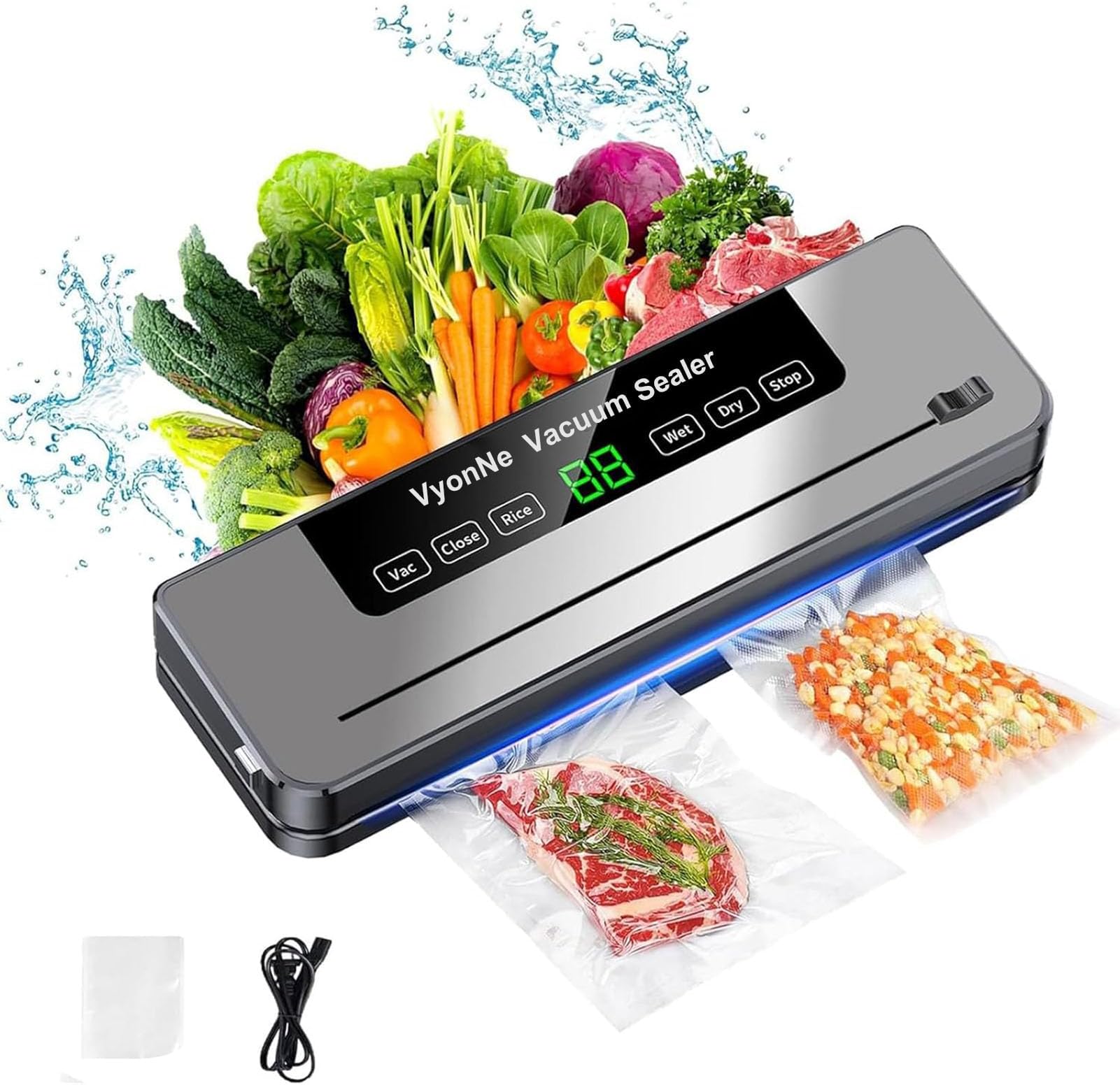 VyonNe Vacuum Sealer, Full Automatic Food Saver Machine With LED Indicator Lights, Dry/Moist Modes, Built-in Cutter, 10 Sealing Bags for Jars and Containers Storage
