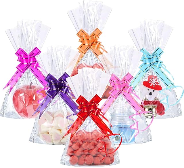 CODIRATO 50 PCS Clear Flat Cellophane Bag, Plastic Cookie Bags with 60 Drag Flowers Party Favor Treat Bags for Candy, Gifts, Groceries (25 * 15cm)