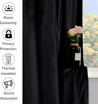 XWZO Black Velvet Curtains 63 Inches Long, Elegent Soft Luxury Curtains for Living Room, Thermal Insulated Room Darkening Black Curtain for Bedroom Decor, Velvet Drapes Set 2 Panels