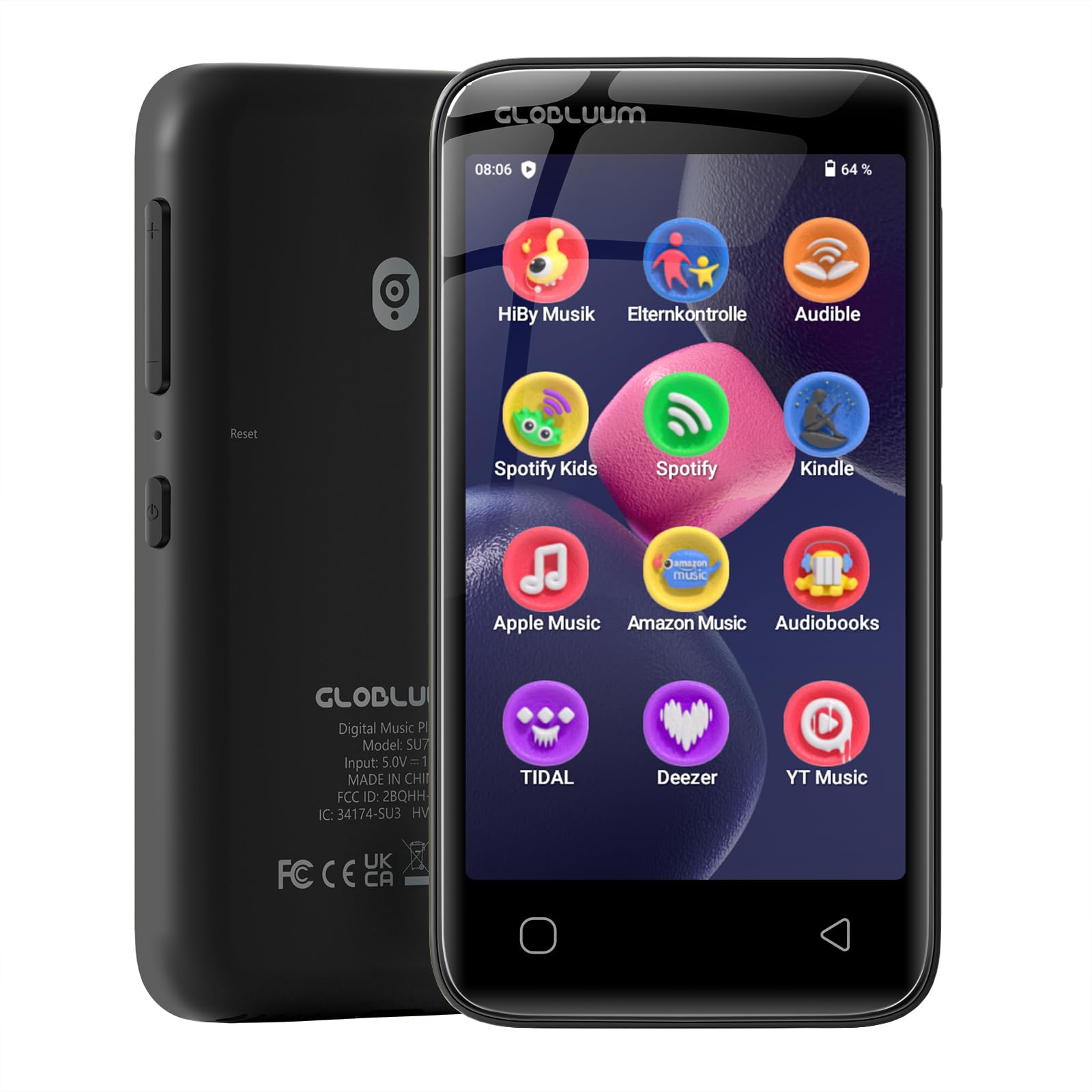 96GB MP3-Player mit Bluetooth 5.0 und WLAN, Musikplayer mit Spotify, Audible, Amazon Music, Spotify Kids, 4-Zoll-Touchscreen Android MP4-Player mit HiFi-Klang, UKW-Radio (Glänzend Schwarz)