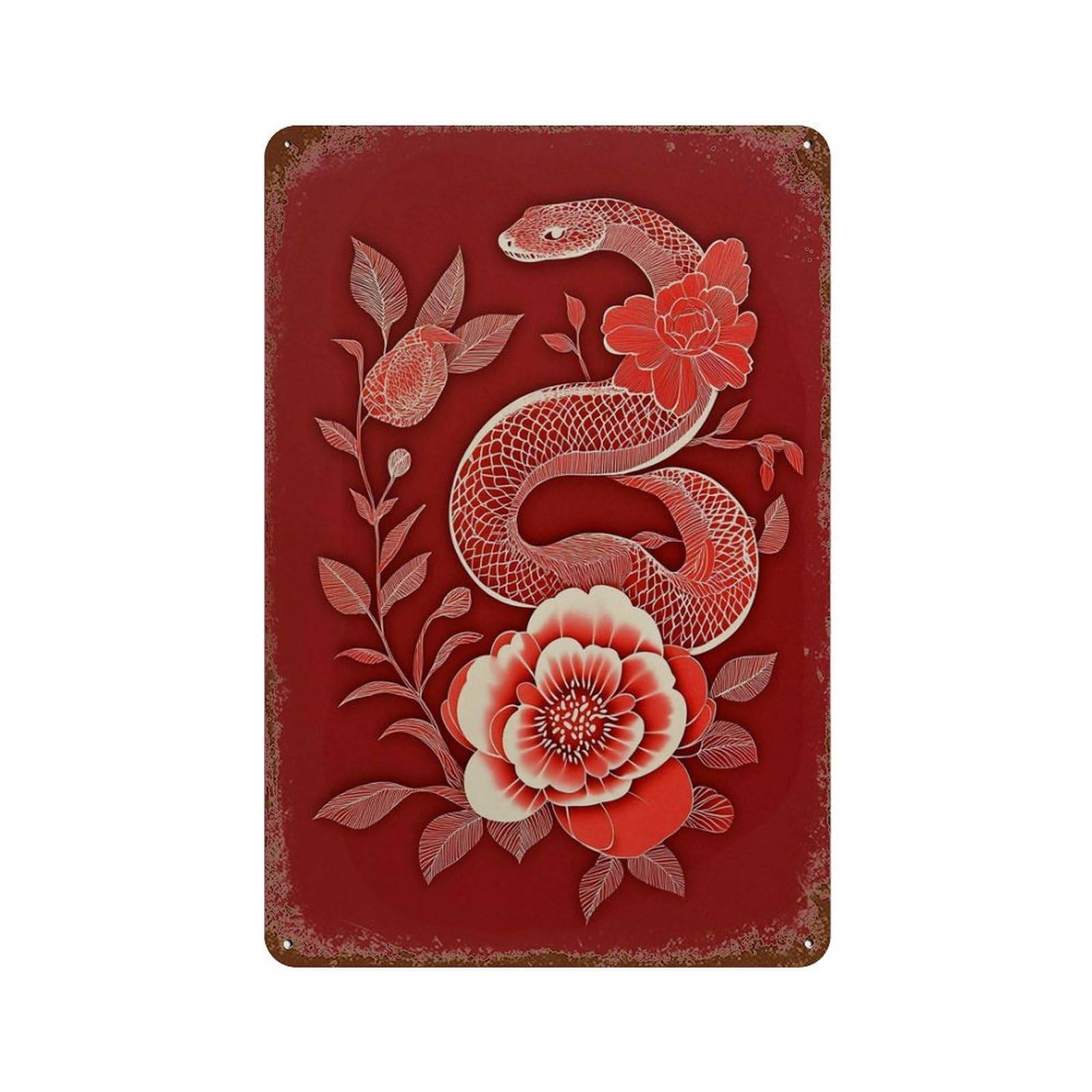 xiaoxiaoshen Red Snake Floral Oriental Bold Serpent Botanical Wall Decor Art Metal Tin Poster Modern Home Decor Art Home Bar Shop Decorations Vintage Sign 30x20cm