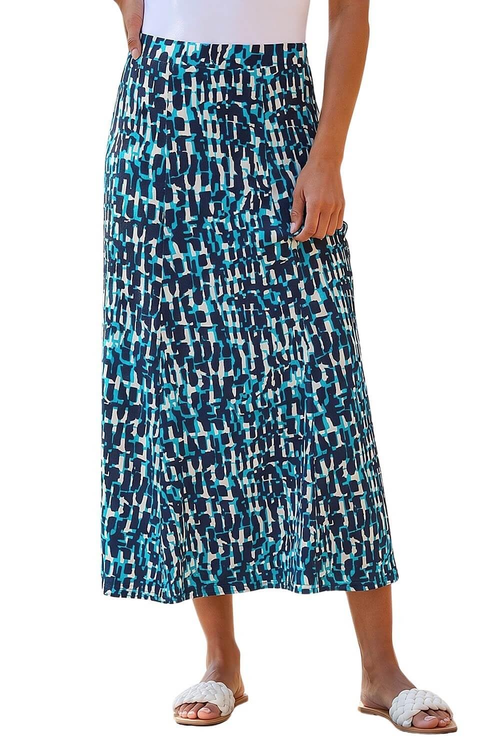 Roman Jersey Skirt for Women UK - Ladies Midi Maxi Floral Animal Print Autumn Winter Swing Smart Casual Office Cocktail Party Going Out Evening Holiday Cruise - Turquoise - Size 16