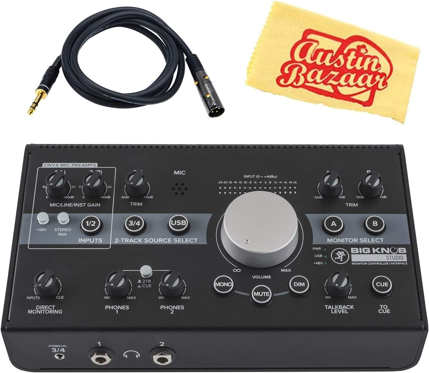Mackie Big Knob Studio 3x2 Studio Monitor Controller/Interface Bundle with XLR-to-1/4" Cable and Austin Bazaar Polishing Cloth
