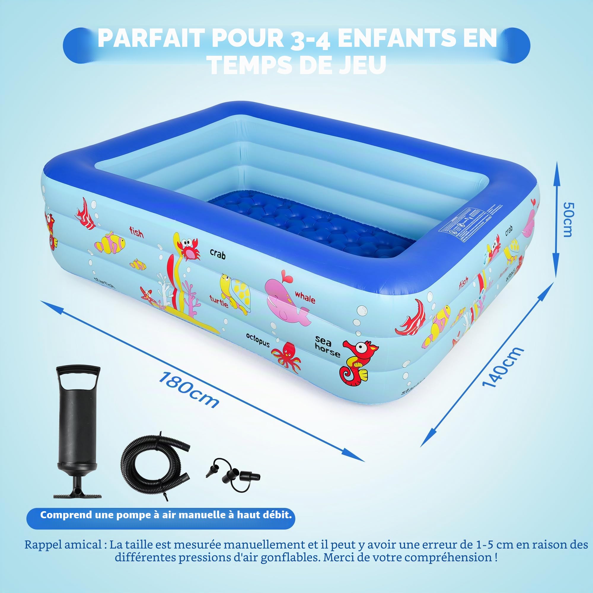 Piscine gonflable rectangulaire avec pompe, 180 x 140 x 50 cm, PVC durable, installation facile, kit de réparation inclus, pour s'amuser en plein air en famille en été