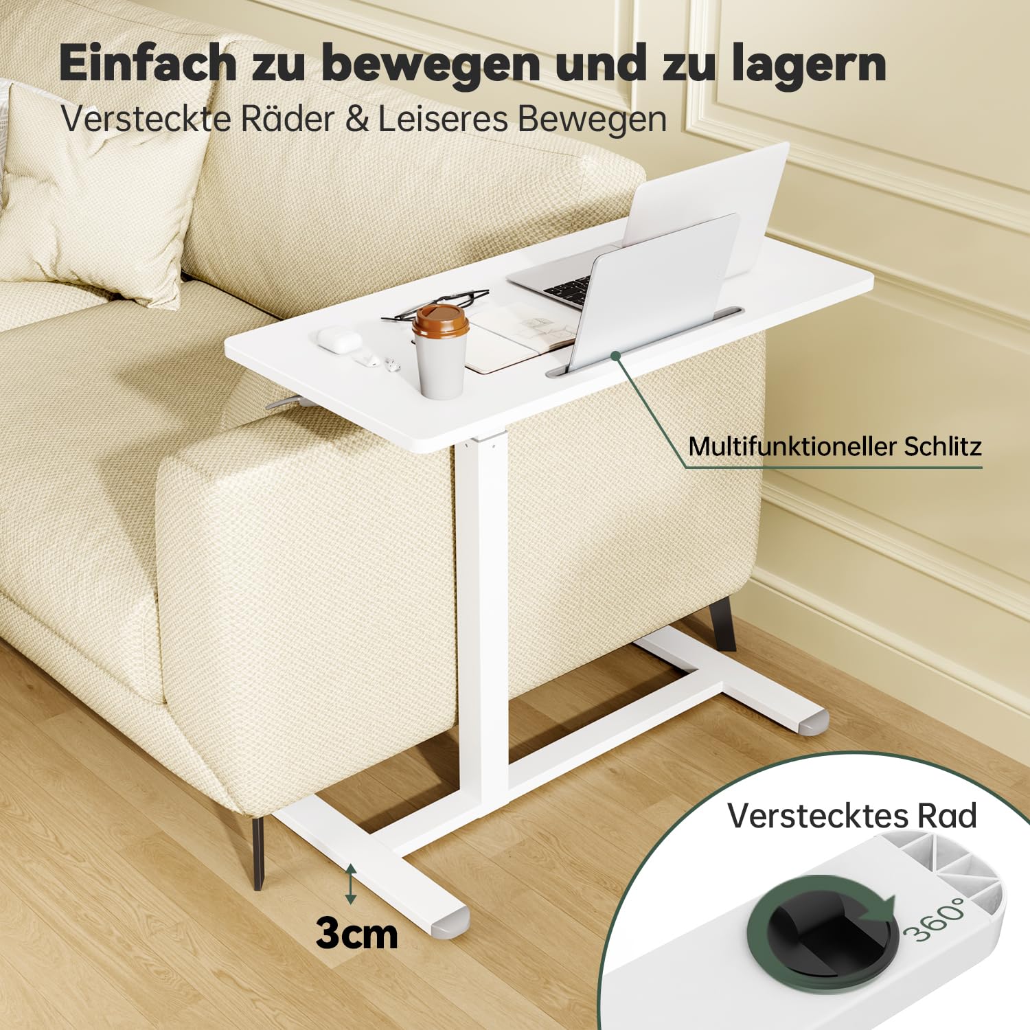 Gibbon Mounts Mobiler Höhenverstellbarer Schreibtisch, Laptoptisch mit 4 Rollen (80 x 40 cm), Stehpult Computertisch Klein, Beistelltisch C Form Couchtisch für Heimbüro, Weiß