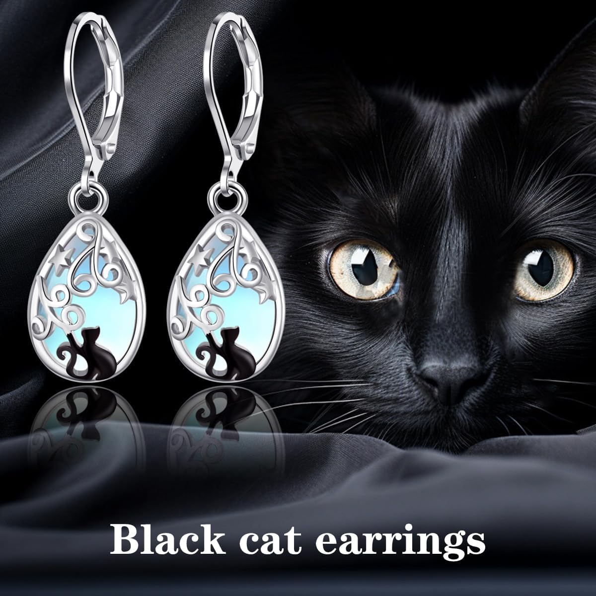 Black Cat Earrings Moonstone Leverback Dangle Earrings for Women Christmas