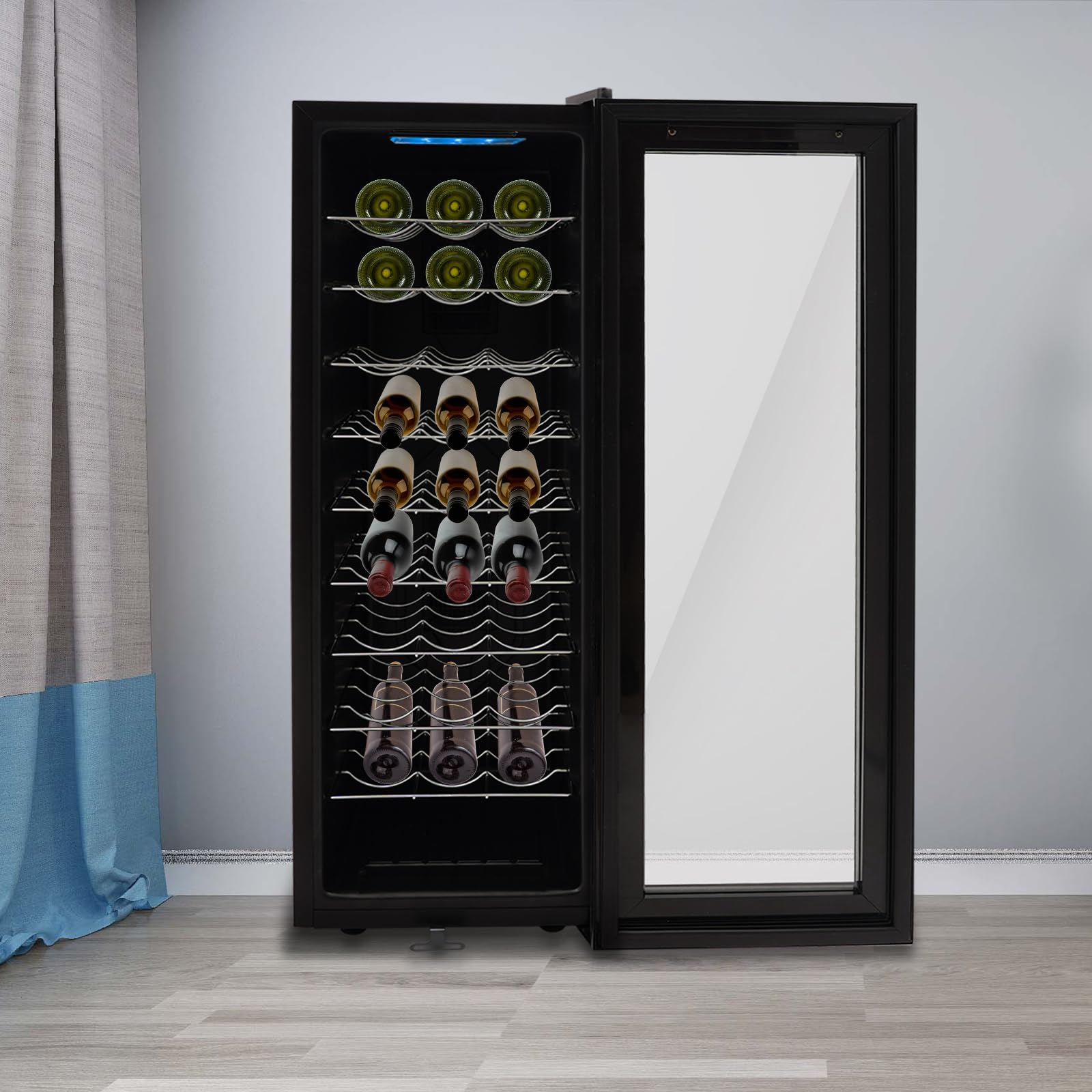 Nevera de vino 90L independiente para 30 botellas, puerta de cristal templado con luz LED, rango de temperatura de 5 – 18 °C (140 W), color negro