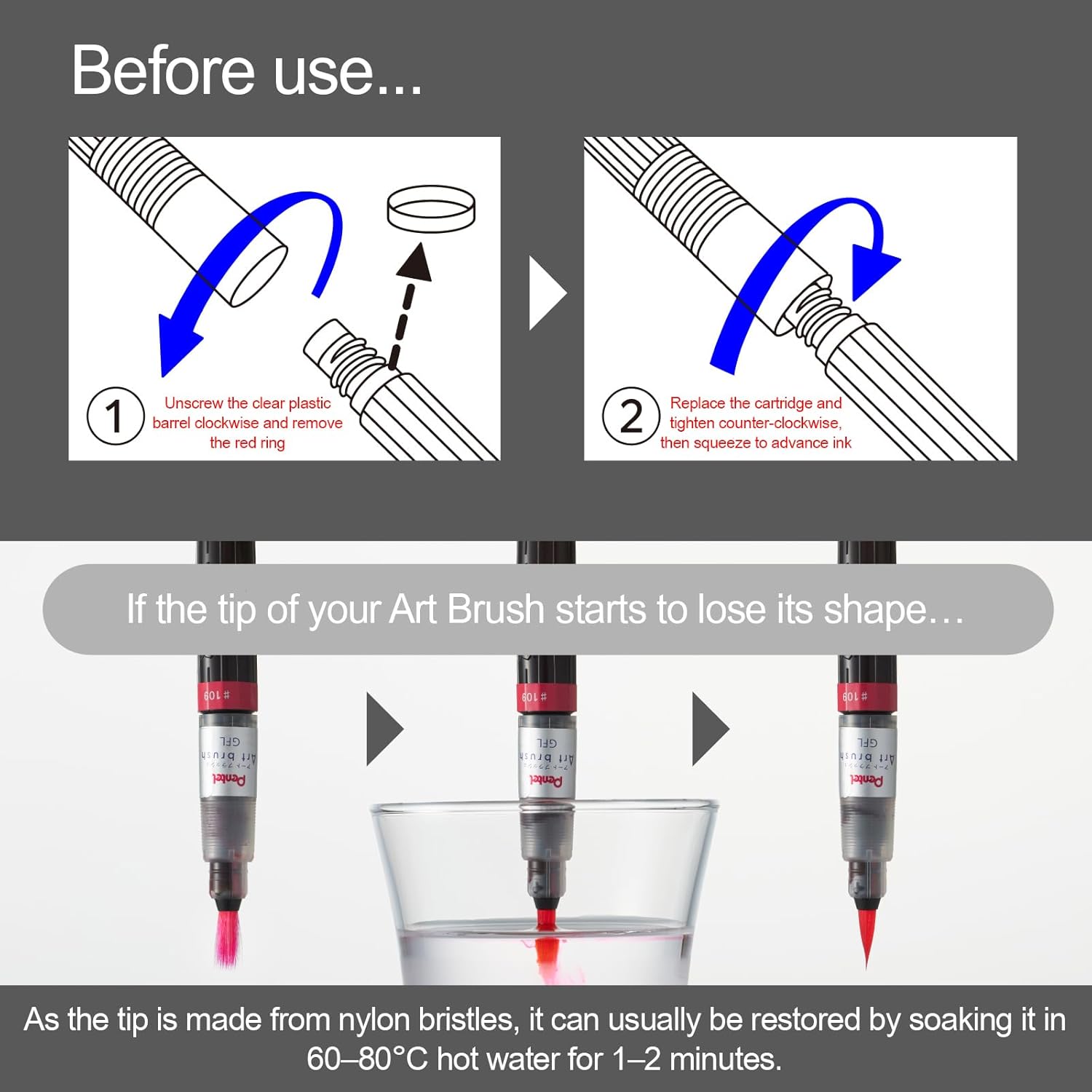 Pentel Arts Colour Brush, Black (Dye) Ink, 1 Blister Card of 1 Brush