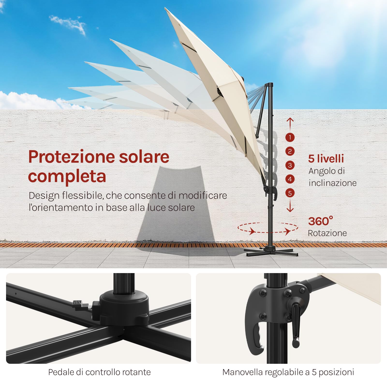 WOLTU Ombrellone da Giardino Rotondo 3 m, Rotazione 360° con 5 Livelli di Inclinazione, Ombrellone da Esterno UPF 50+ con Copertura, Corde Antivento, Palo in Metallo e Base in Acciaio