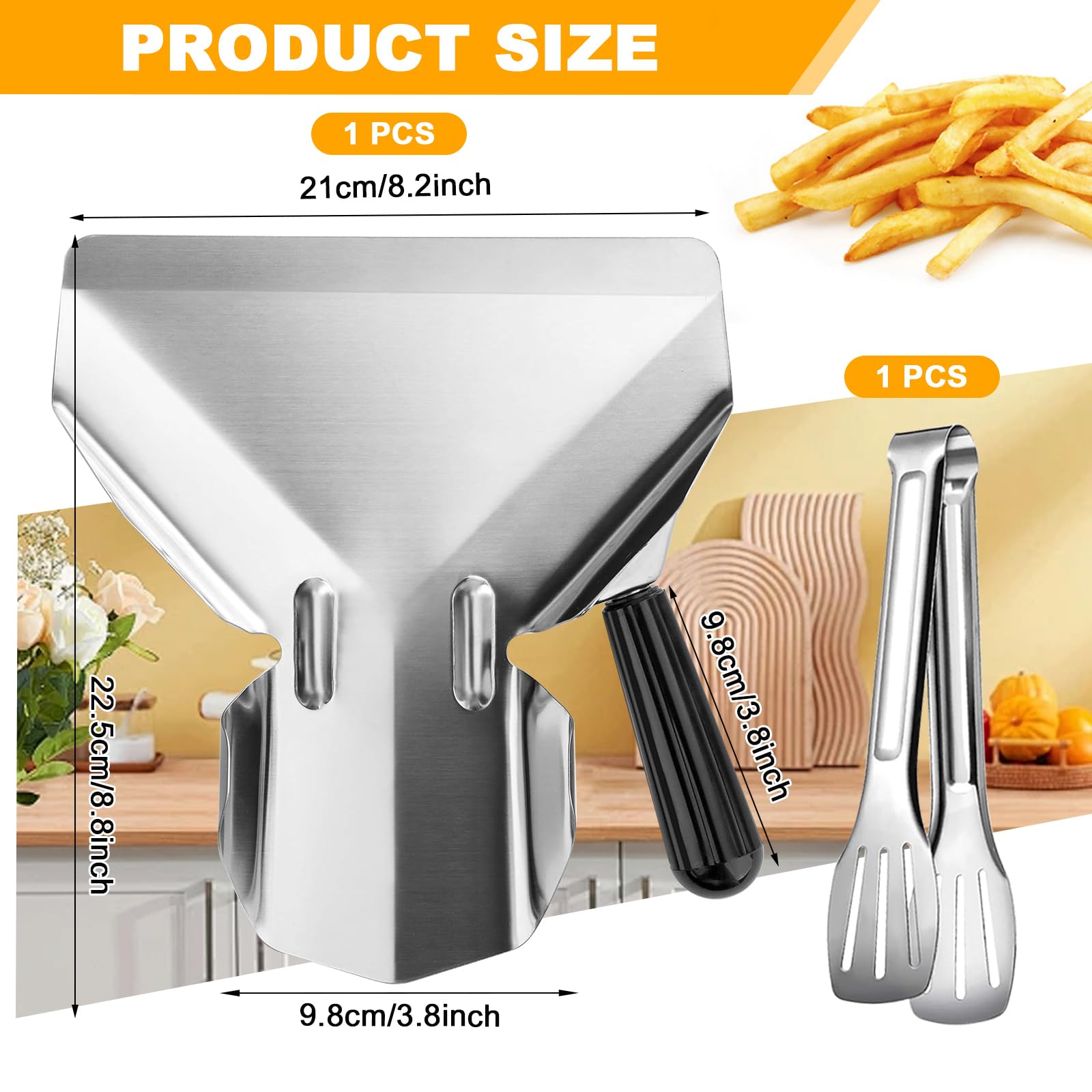 1 pala para patatas fritas, 22,5 x 21 cm, acero inoxidable, con 1 mango derecho, para el hogar, cocina, aperitivos, dulces, postres, con un mango y pinzas para el pan