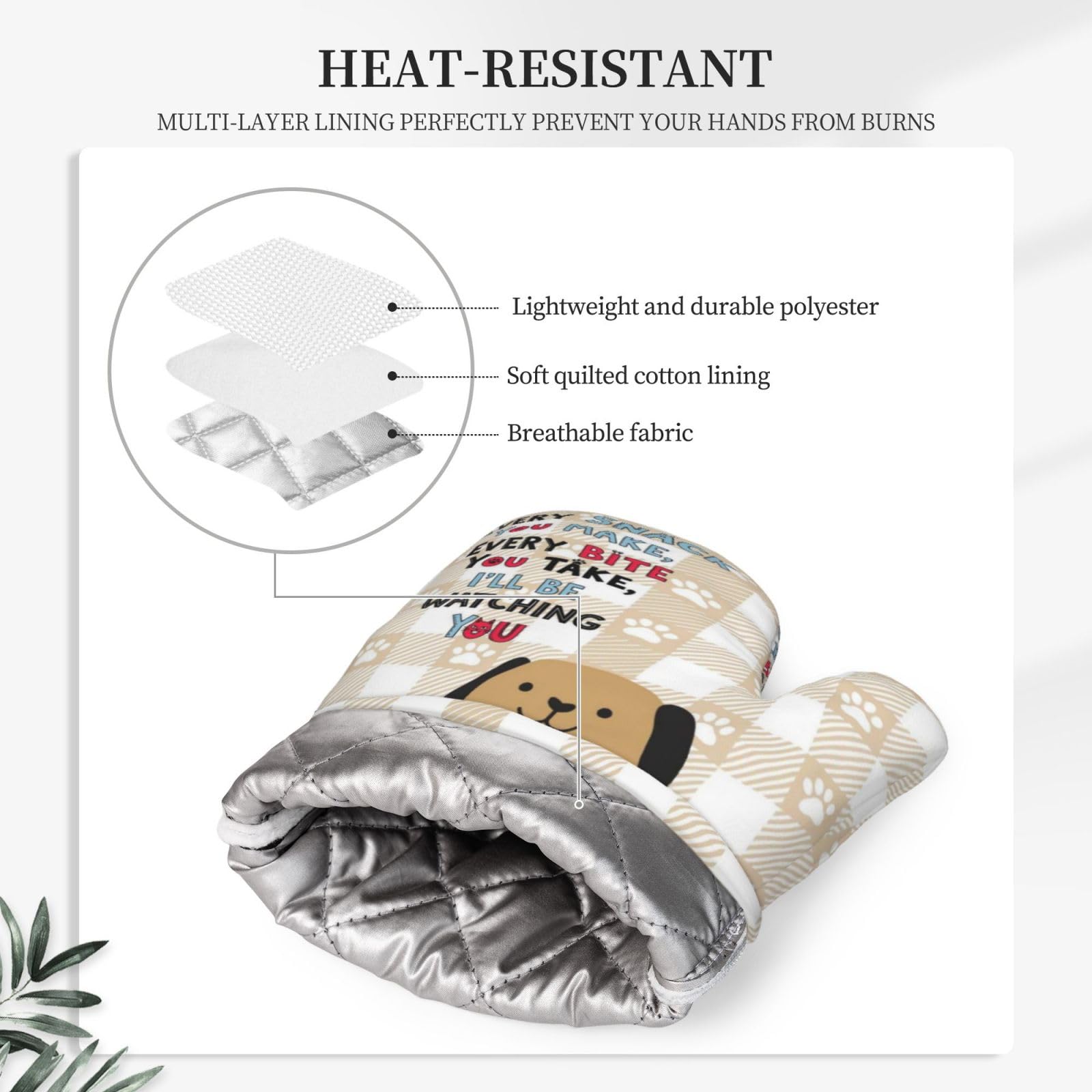 Divertidos guantes de horno y soportes para ollas para perro, juego de 4 bonitos guantes de horno y agarraderas resistentes al calor, bonitos guantes de cocina a cuadros beige, almohadillas calientes