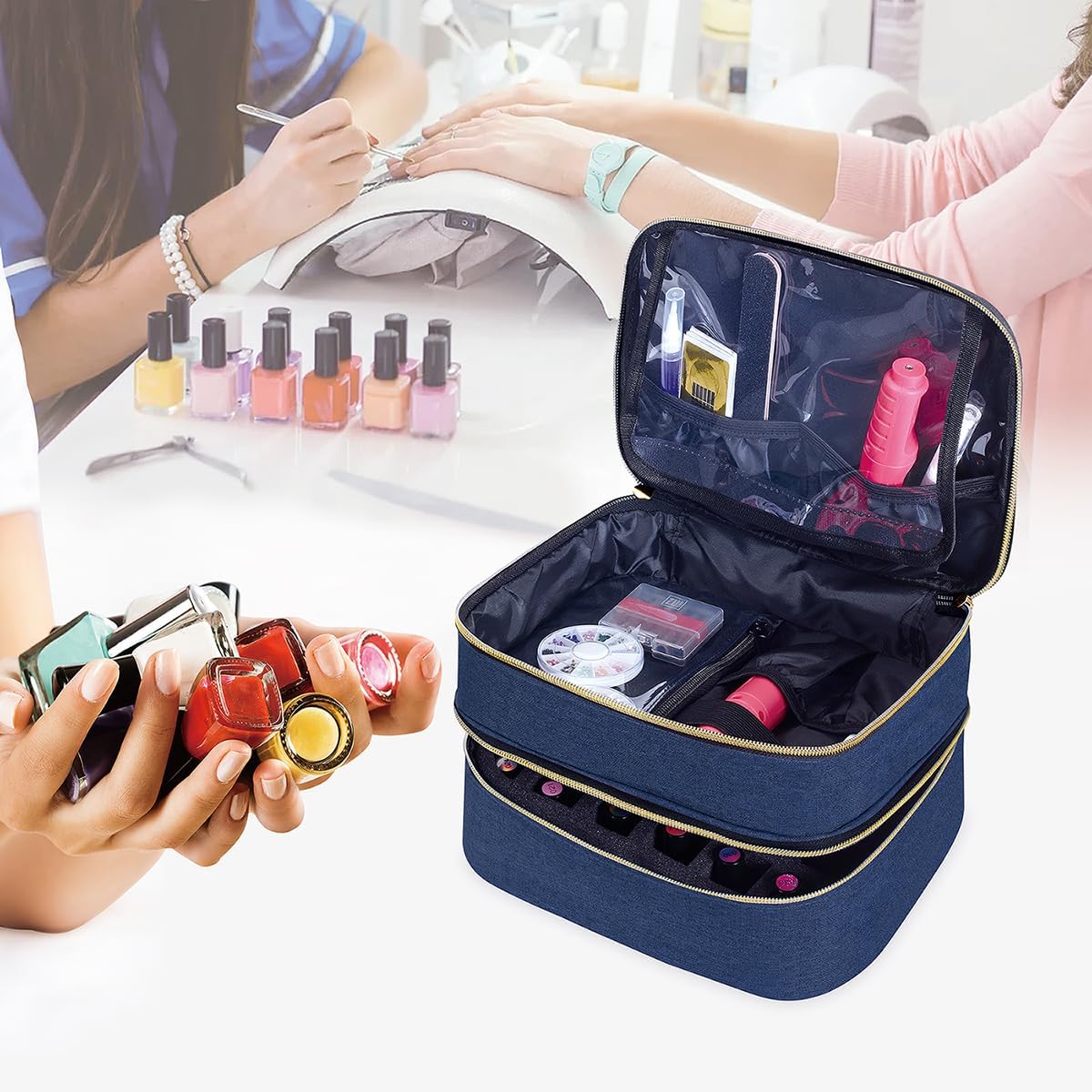 Nail Polish Organizer Bag Double Layer Capacity Portable Travel Storage Case Holds 30 Bottles (15 ml/0.51 floz) Nail Supplies Holder Bag Designed for Nail Tools Blue