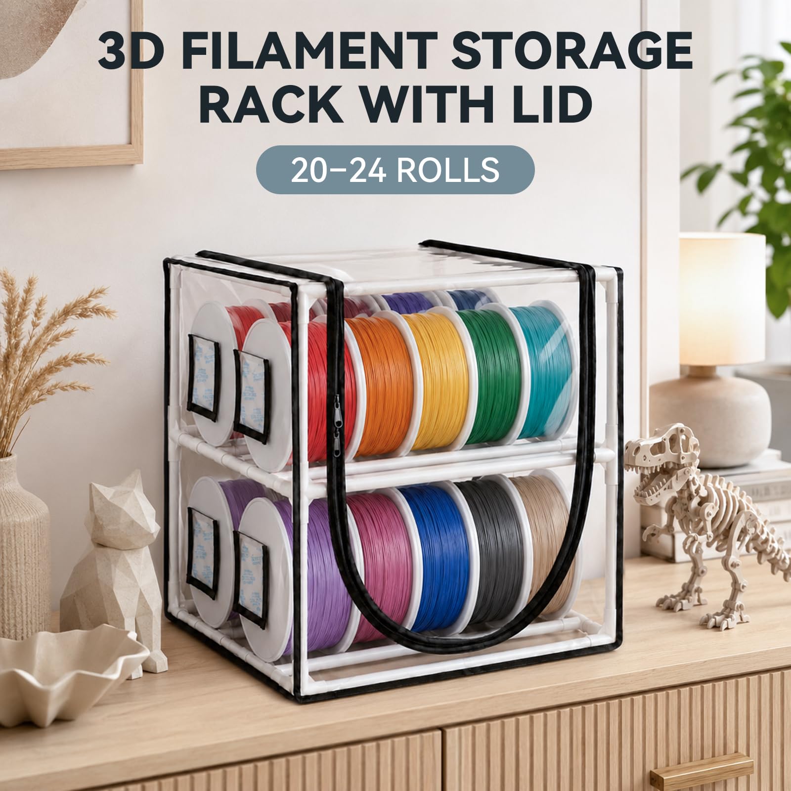 Contenitore per filamenti 3D, scaffale in metallo a 2 ripiani, copertura trasparente, ermetico e antipolvere, spazio per 20-24 rotoli, include 4 confezioni di gel di silice riutilizzabili, per PLA