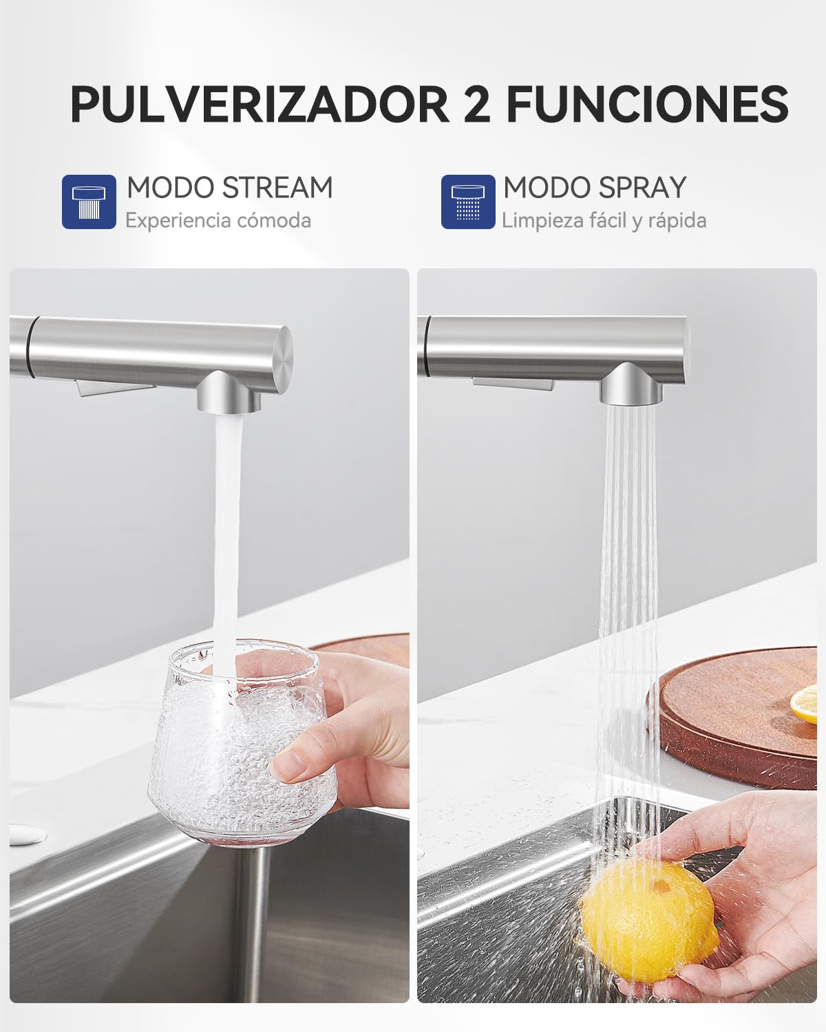 Grifo de cocina extensible, grifo de cocina con ducha, dos tipos de chorro de agua, grifo de alta presión, grifo de cocina de acero inoxidable cepillado, monomando de cocina, rotación de 360 ° | Dos tipos de chorro de agua, rotación de 360°, agua fría y c