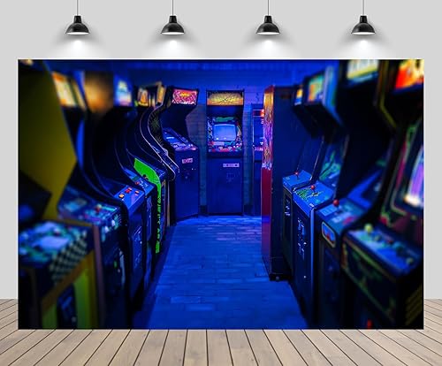 Telón de fondo vintage de 5 x 4 pies, máquinas tragamonedas de juegos de azar de casino, fondo azul retro de los años 80, decoración de fiesta de