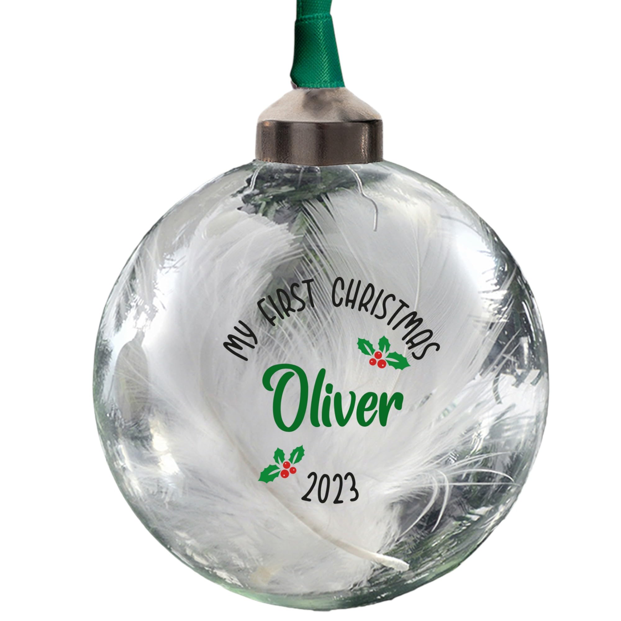 Personalised My First Christmas Bauble Babies 1st Christmas Keepsake First new baby Ornament 8cm Round Glass Bauble in 11 font colours (Green)