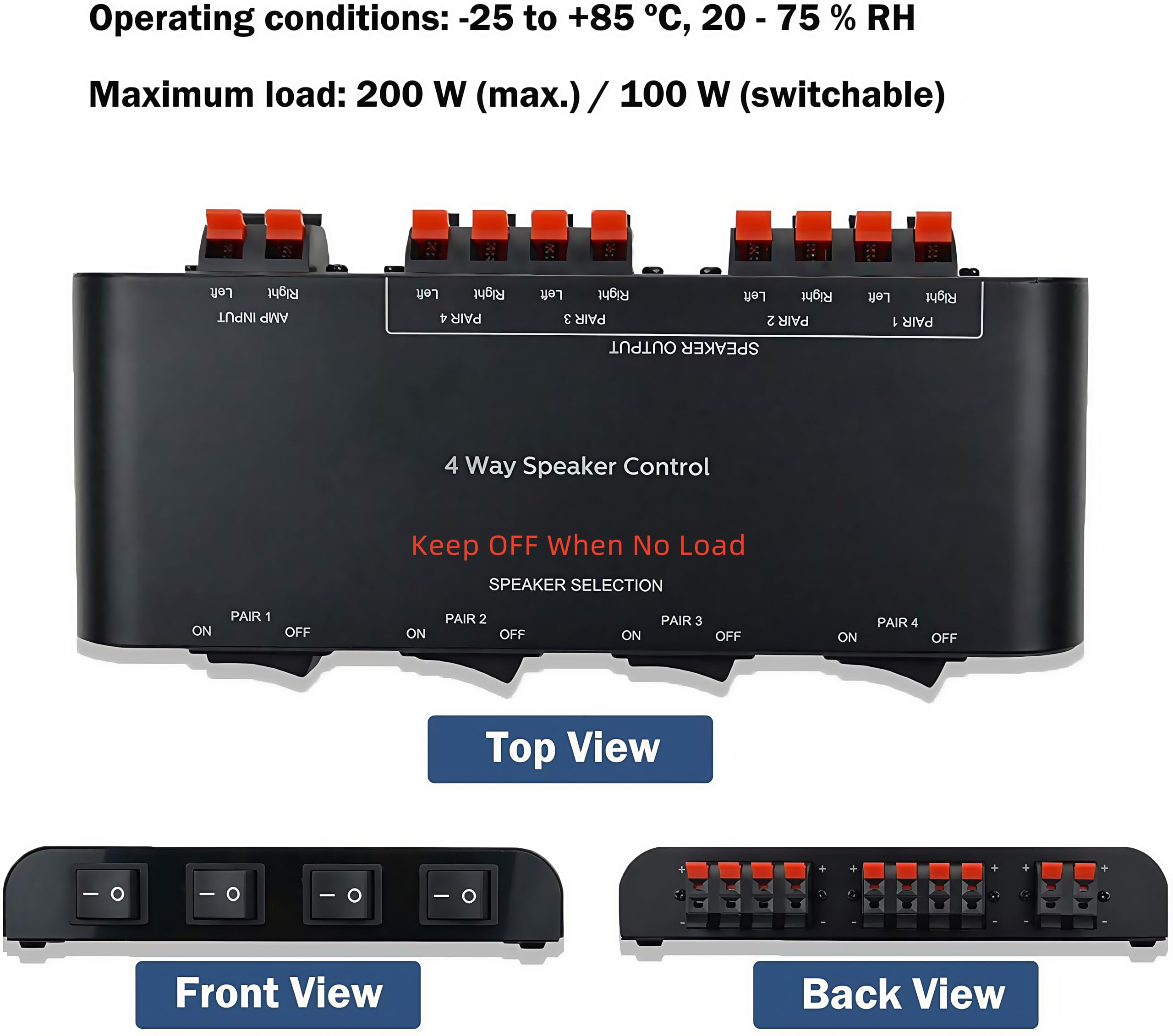 Selettore Switcher per 4 canali con morsettiera 200W RMS Max 100W commutabile, nero