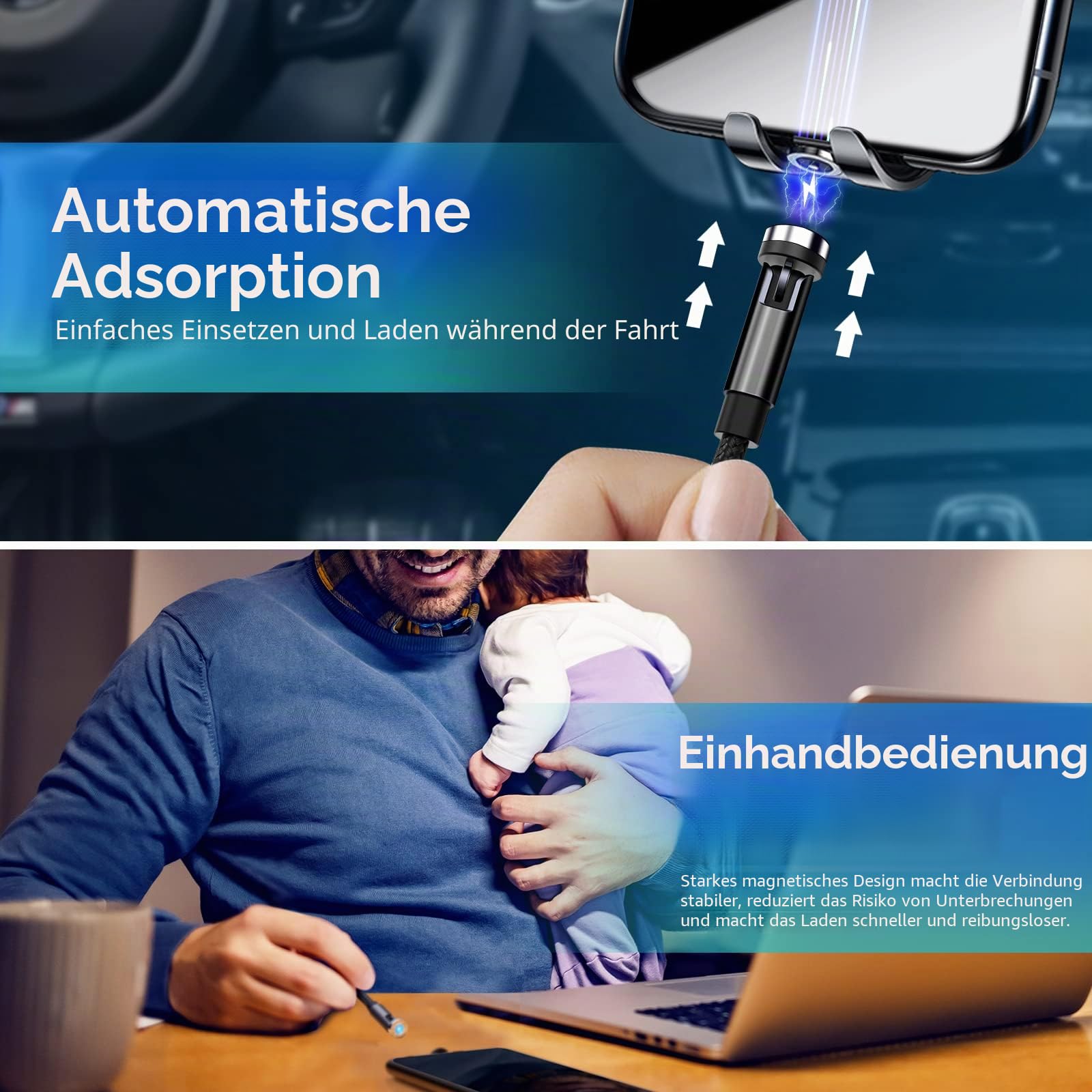 Ankndo Magnetisches Ladekabel [5er-Pack, 3/3/6/10/10FT] 3-in-1 magnetisches Handy-Ladegerät, 360° & 180° drehbar, magnetisches Ladekabel mit LED-Licht, USB C und i-Produkt-Geräte, Schwarz