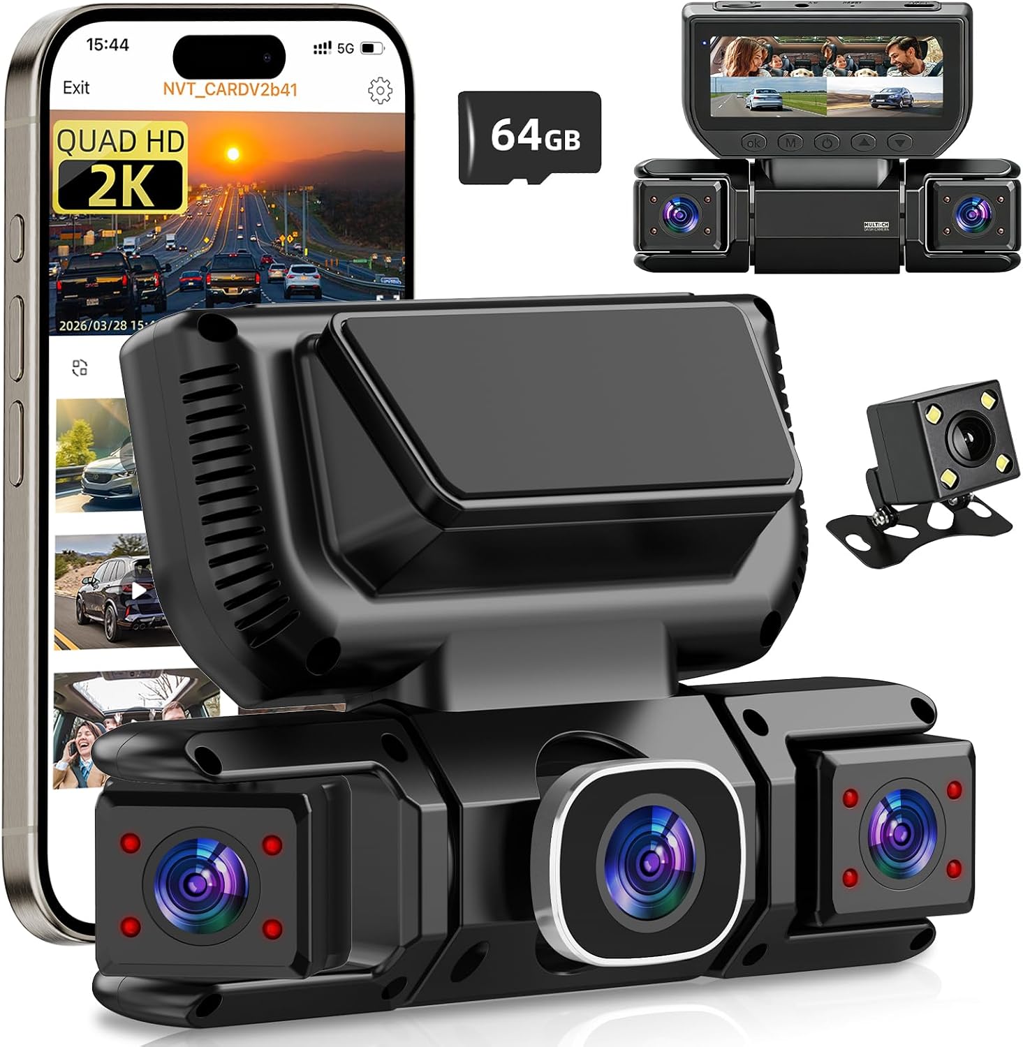 W6 Dash Cam 4 Channel Dash Cam 2K Front + 1080P Rear & Side 360° Coverage 8 IR Night Vision 5GHz WiFi & App G-Sensor Parking Monitor 64GB SD Card Included