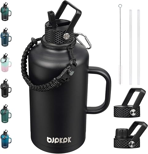 Miniatura 18 de BJPKPK Botella de agua de 1 galón aislada con tapa con pajita, 50oz, 64oz, 87oz, 128oz grande, botellas de agua de acero inoxidable con 3 tapas y