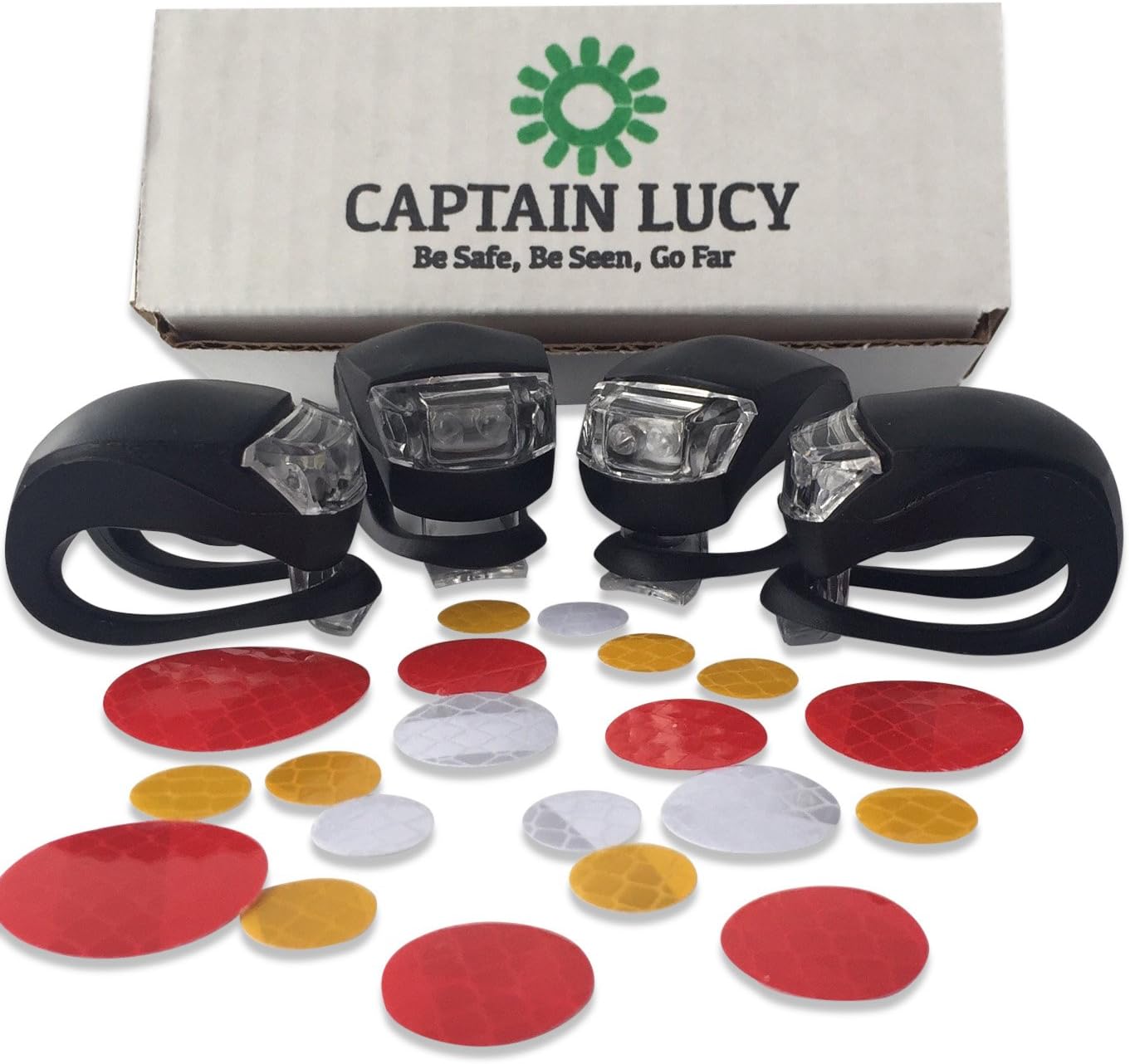 Bicycle Safety Light Set - 4 Pack - Front and Rear Silicone LED Flashing Lights - White Headlight - Red Taillight - Reflective Bicycle Stickers - Water Resistant - Batteries Included! (4 Black)