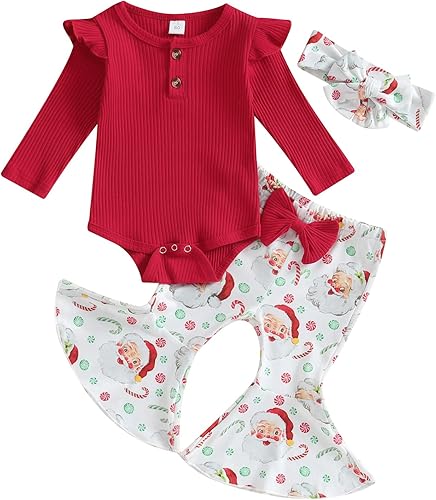 Kuriozud Conjunto de mameluco con volantes para bebé recién nacida, con volantes, lindo conjunto de pantalones acampanados con diadema