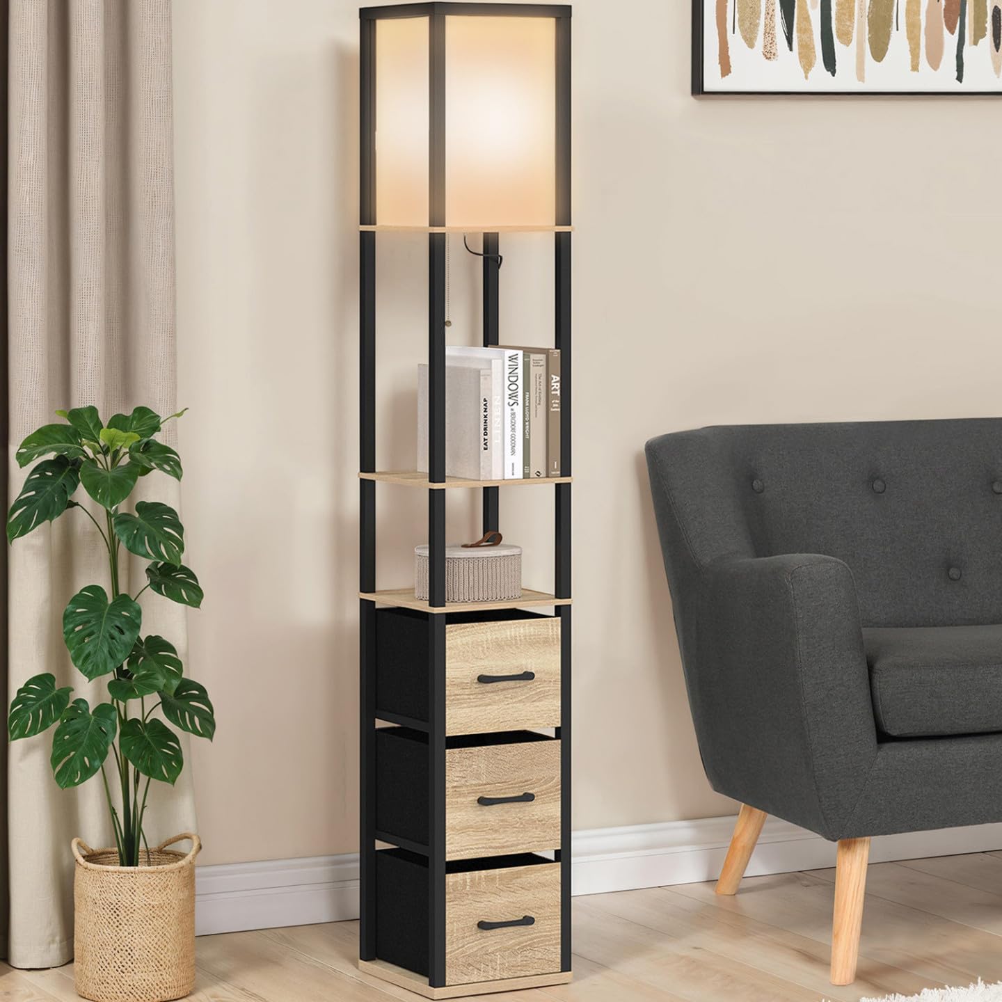IDMarket - Industrielle Stehleuchte aus schwarzem Holz mit Regalen aus hellem Holz 3 Schubladen Stoff UTAH und quadratischem weißem Lampens