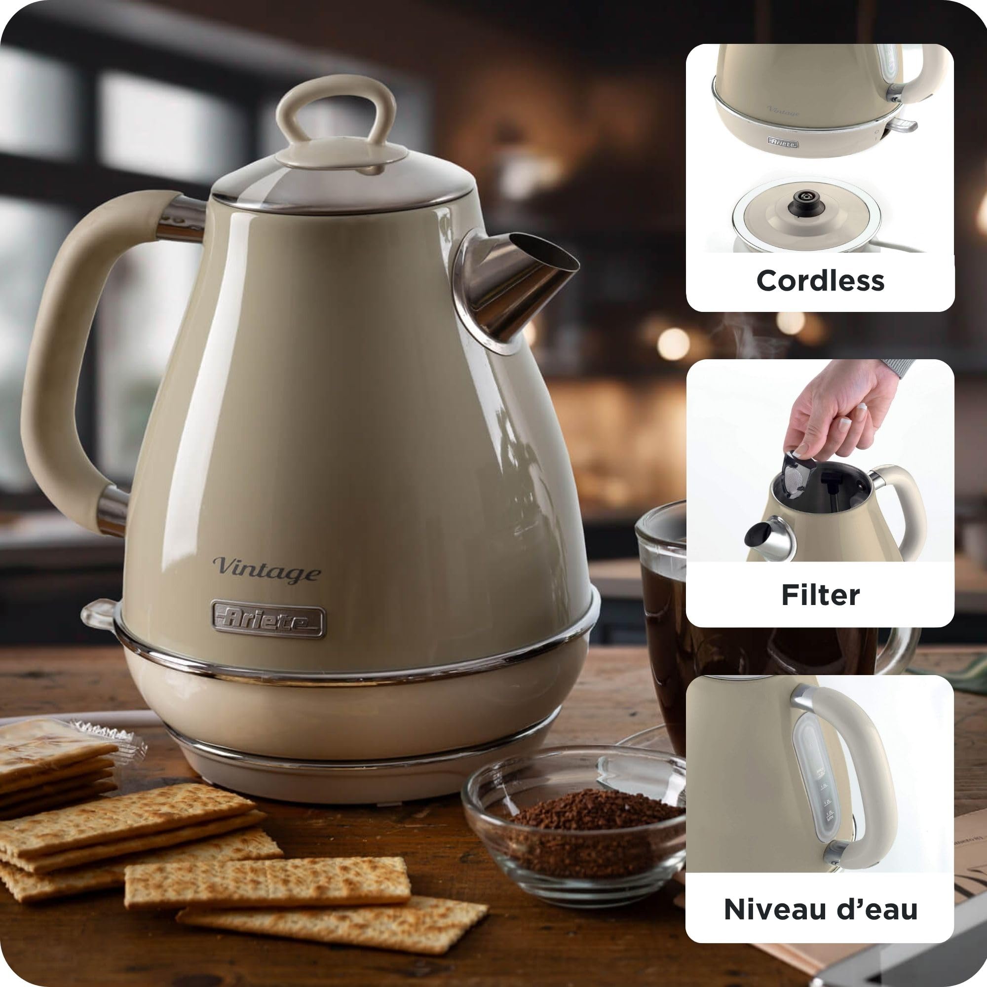 Ariete Bouilloire Vintage 2869, Bouilloire Électrique avec Niveau D'Eau Visible, Base Sans Fil 360°, Arrêt Automatique, Filtre à Thé, Capacité 1,7 L, Acier Inoxydable, 2000W, Beige