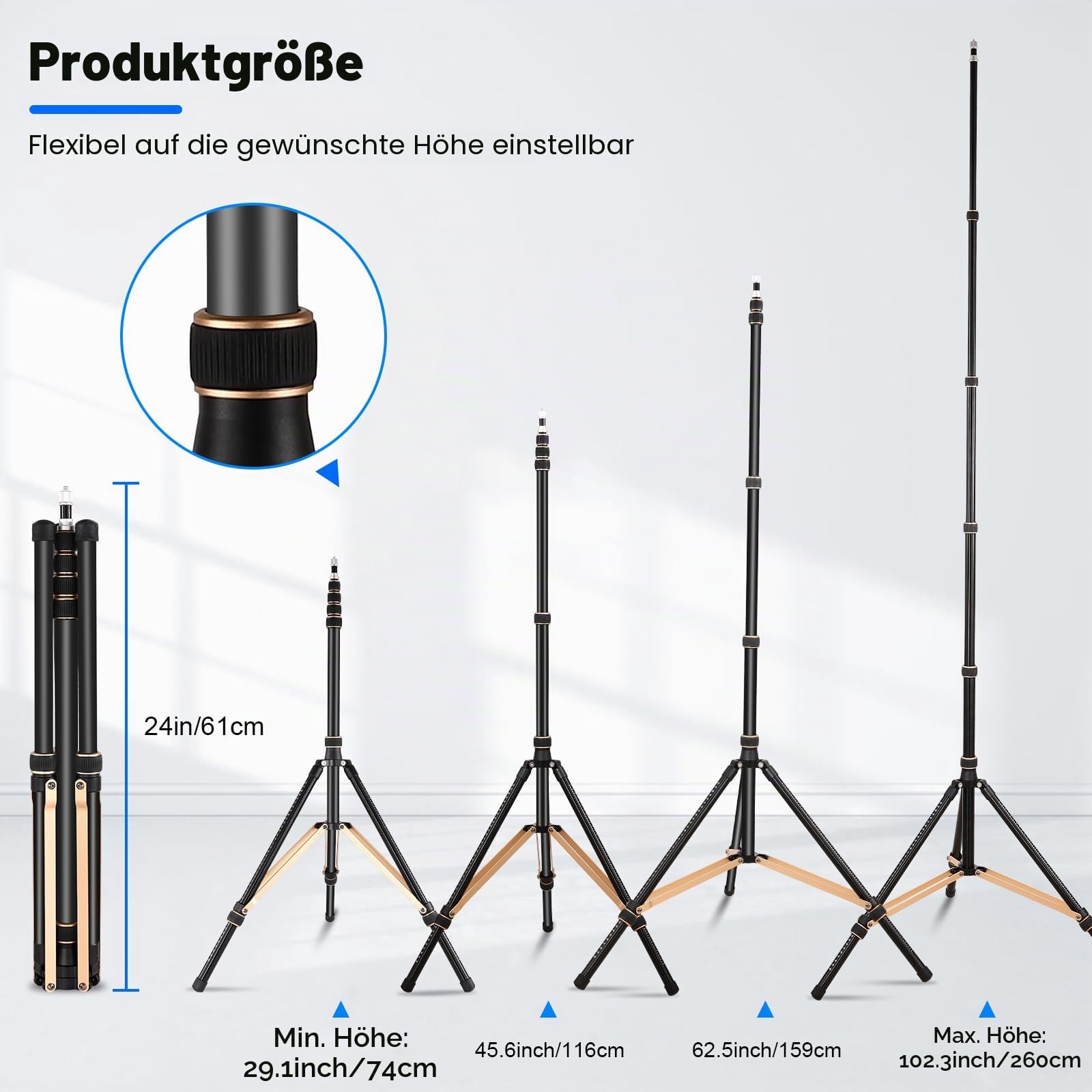 Soonpho Lichtstativ aus Aluminiumlegierung mit 180° umkehrbaren Beinen,1/4"-3/8" Schraubadapter und Tasche,102,36in/260cm tragbares Reisestativ für die Fotografie im Freien, Speedlite Strobe Softbox