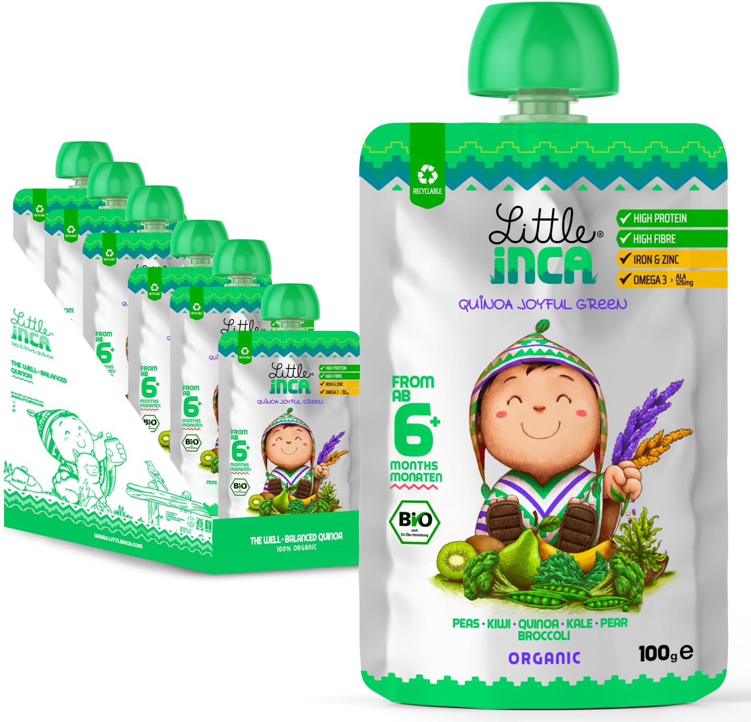 Organic Baby Food Pouches The Joyful Green (6x100g) | Quinoa-based Dairy-Free Baby Pouch | 6 Months+ | Recyclable Plant-Based Veg & Fruit Pouches | Supports Gut/Cognitive Health