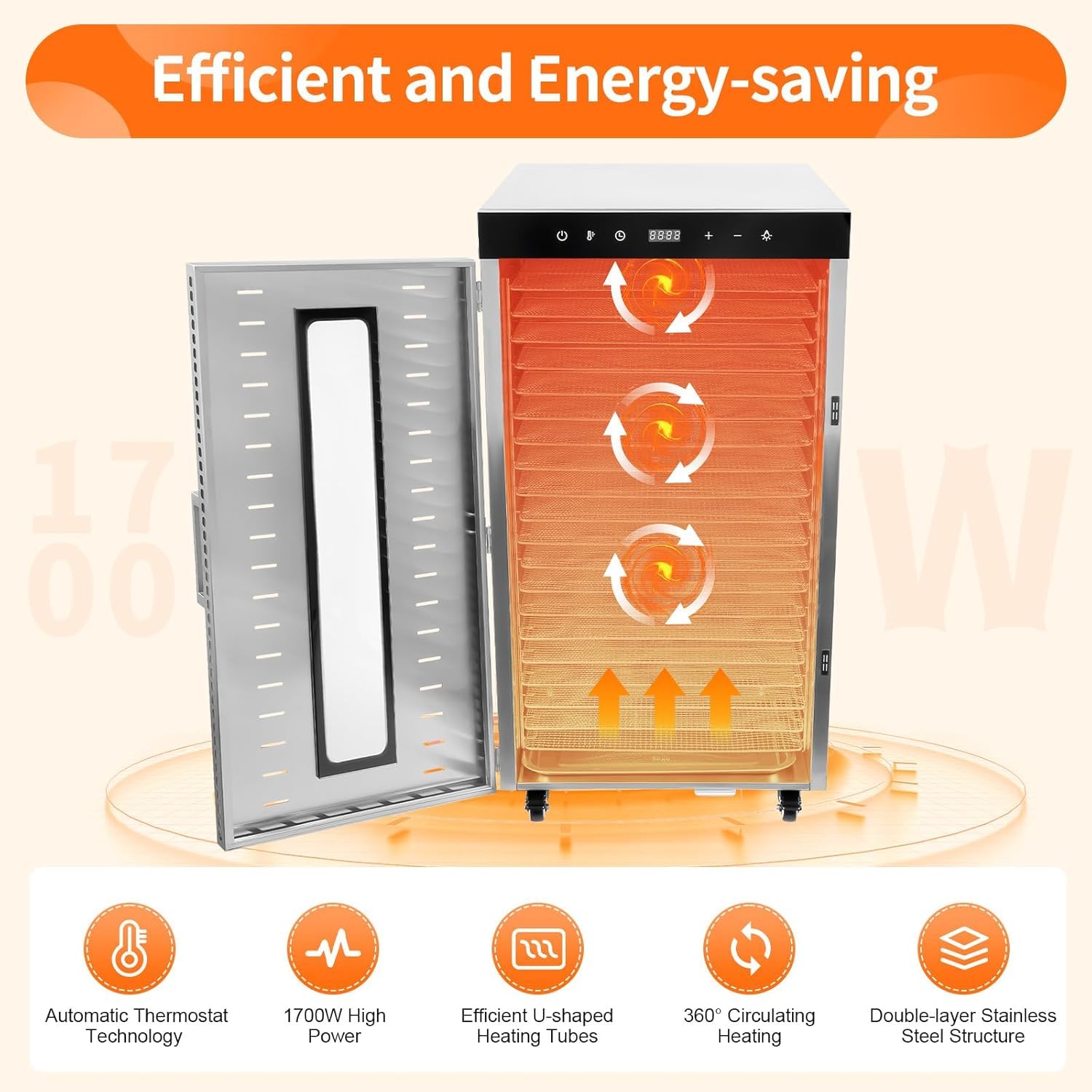 Deshidratador De Alimentos Comercial De 20 Capas Y 1700 W, De Acero Inoxidable, con Pantalla Led Y Ruedas Secar Frutas, Verduras, Carnes Y Especias.