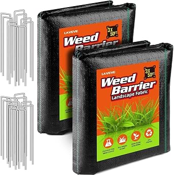 LAVEVE 3ft x 100ft Weed Control Sheet Landscape Fabric 3.2oz Premium Heavy Duty Gardening Weed Mat for Gardening and Farming with 20 U-Shaped Fixing Pegs 2 Pack, 3x50ft