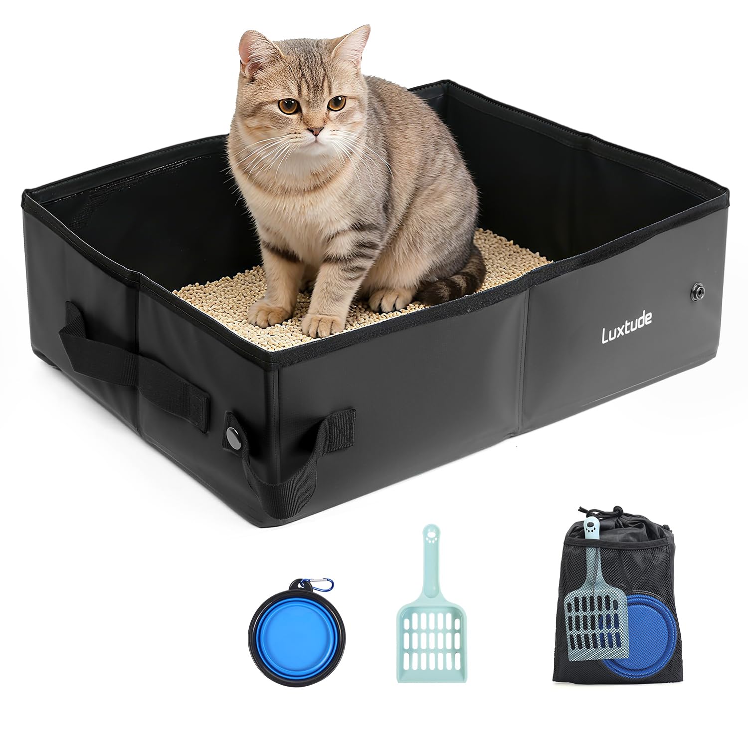 Luxtude Reise-Klo für Katzen im Auto, zusammenklappbare und tragbare Katzentoilette für Katzen, kein Geruch, wasserdicht und leicht zu reinigen, kein Auslaufen für Auto, Hotel (Schwarz, L-Open)