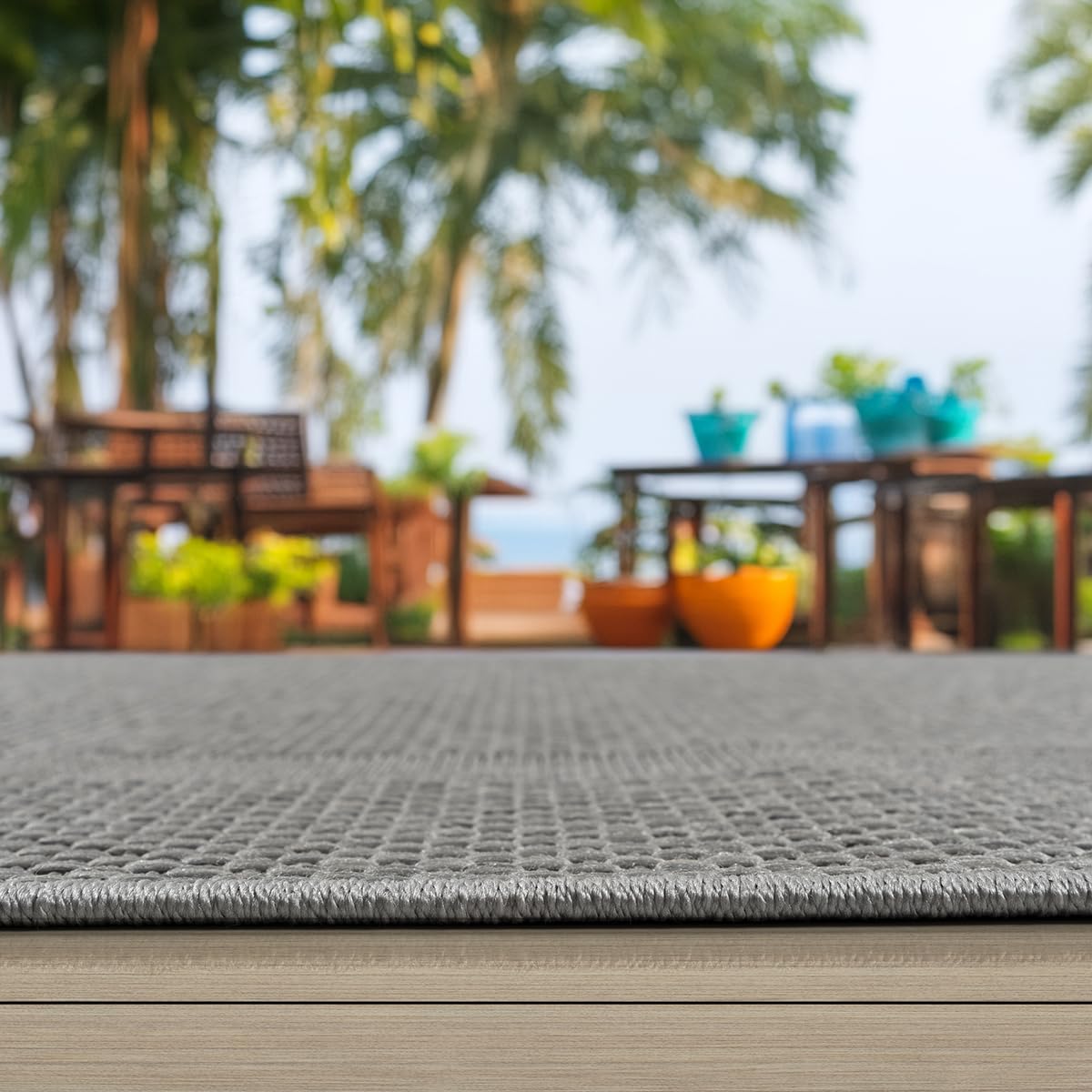 Mia´s Teppiche Malaga Outdoor Teppich Wetterfest – Balkonteppich & Terrassenteppich, Indoor Outdoor Flachgewebe, Waschbar, UV-beständig & Pflegeleicht, Grau, 240 x 340 cm