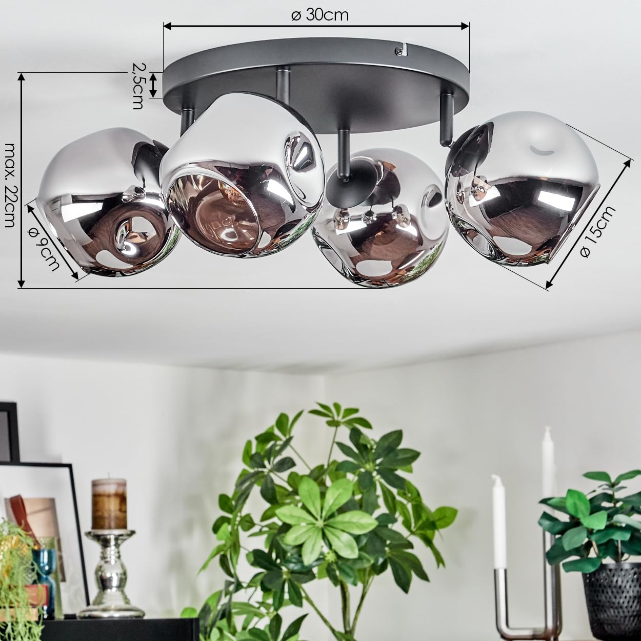 HOFSTEIN Deckenleuchte Ripoll, 4-flammige Deckenlampe aus Metall/Glas in Schwarz/Chrom-/Rauchfarben, verstellbare Leuchte im Retro/Vintage-Design (Schirme Ø 15 cm), E14, Esszimmer, Küche, Wohnzimmer