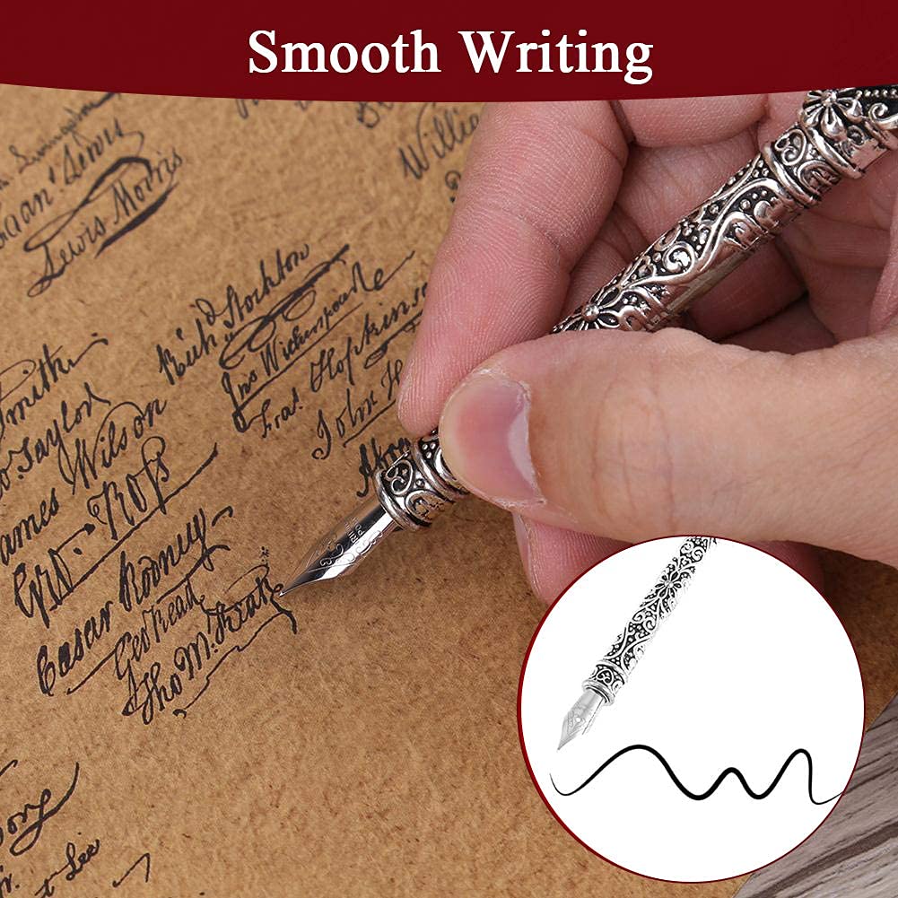 ANGGREK Quill Pen Set, Antique Calligraphy Writing Quill Pen Calligraphy Writing Quill Pen Writing Dip Ink Set Stationery Gift with 5 Metal Nibs & Pen Nib Base (Red)