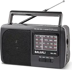 Rádio portátil de ondas curtas AM/FM/SW1/SW2 – Design de transistor retrô com alto-falante de 3 W, operado por bateria para uso doméstico, externo e sobrevivência de emergência (BJL-201)