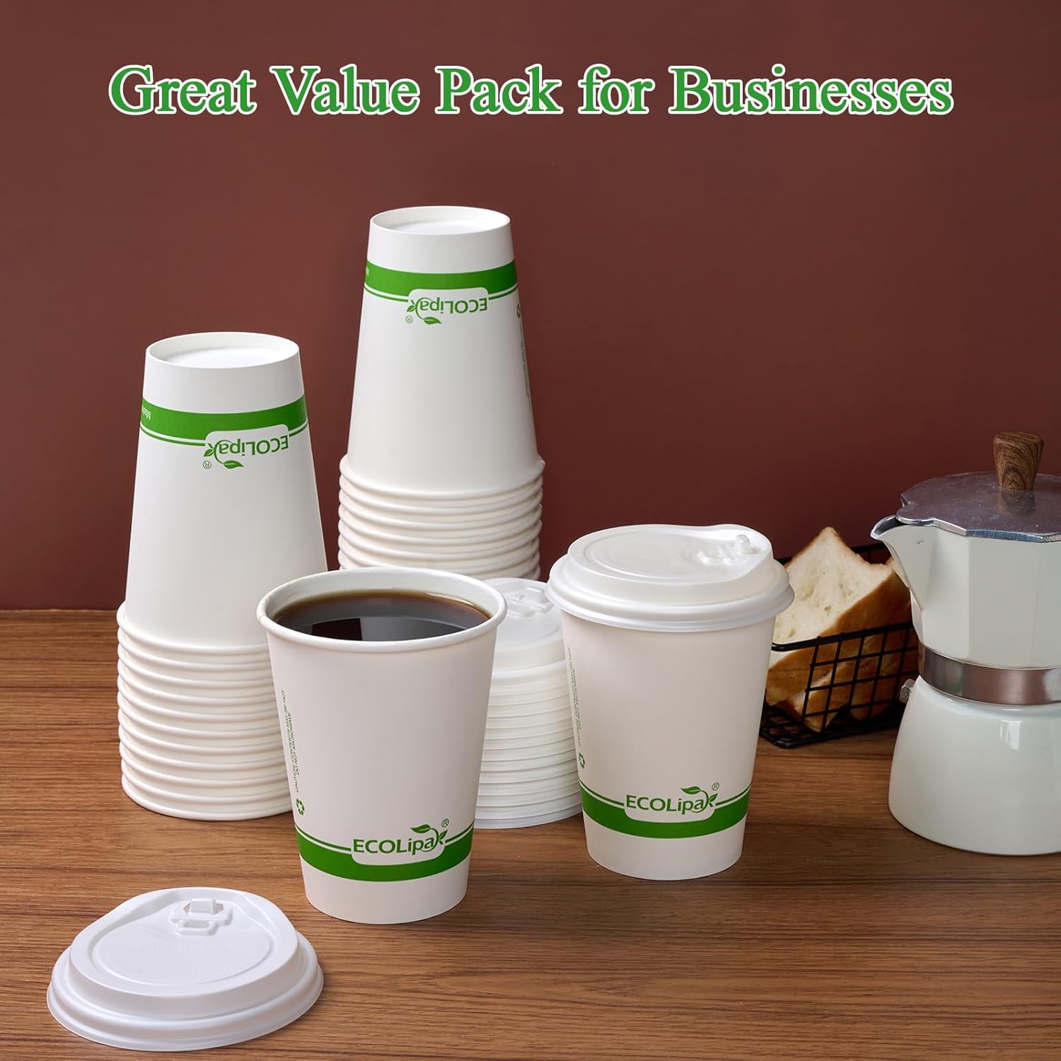 ECOLipak 100 Count 12 oz Compostable Paper Coffee Cups, Biodegradable Disposable Coffee Cups with CPLA Lid, Eco-friendly Hot Drinking Cups for Party, Picnic, Travel, and Events - Image 7
