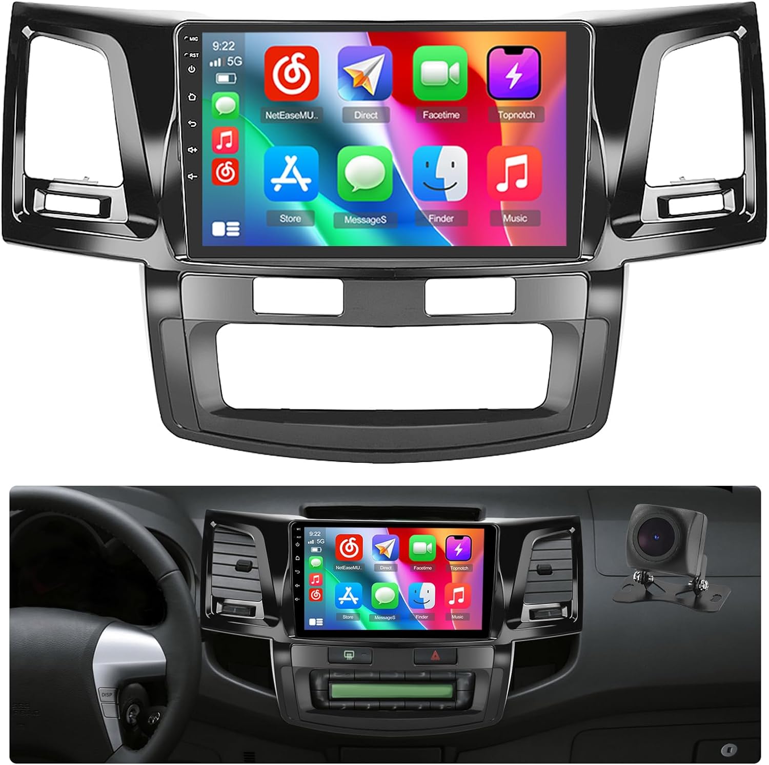 Car Stereo Radio for Toyota Hilux 2005-2014 with Wireless Carplay Android Auto, 4+64G 9 inch HD IPS Thouch Screen Bluetooth Radio with Bluetooth5.0 32EQ 1280 * 720P GPS WiFi + AHD Backup Camera