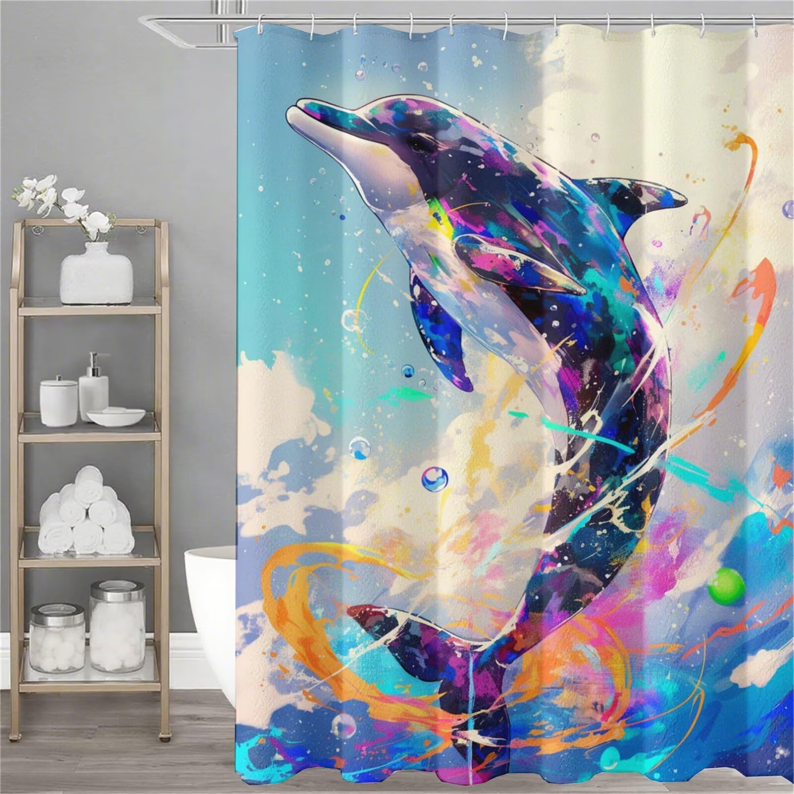 Dauphin rideau de douche 150x180cm lesté et imperméable pour baignoire avec crochets