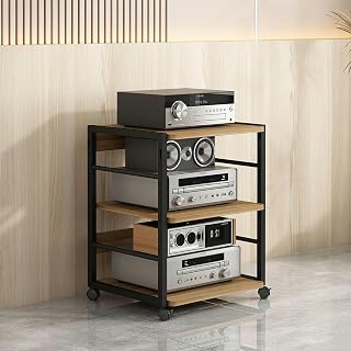 3/4/5-Tier Media Stand Corner Shelf Stereo Components Storage Cabinet, Movable Audio Rack Tower with Height Adjustable Wooden Shelves for Living, Gaming, Recording Room, Office