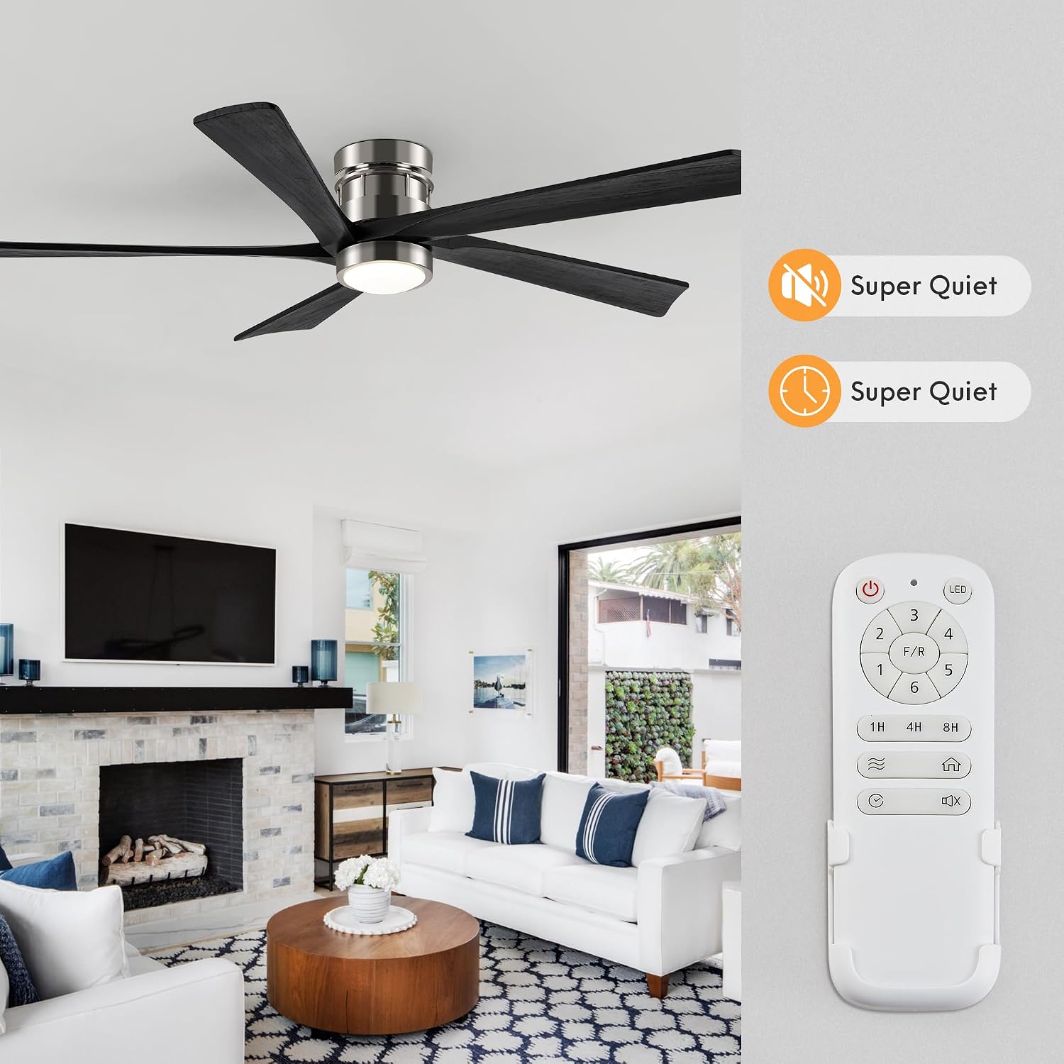 EKIZNSN 72 Inch Brushed Nickel Flush Mount Ceiling Fans with Lights for Patios, 110V Noiseless Reversible DC Motor, 6-Gear Speed (Nickel Finish with Black Blades)