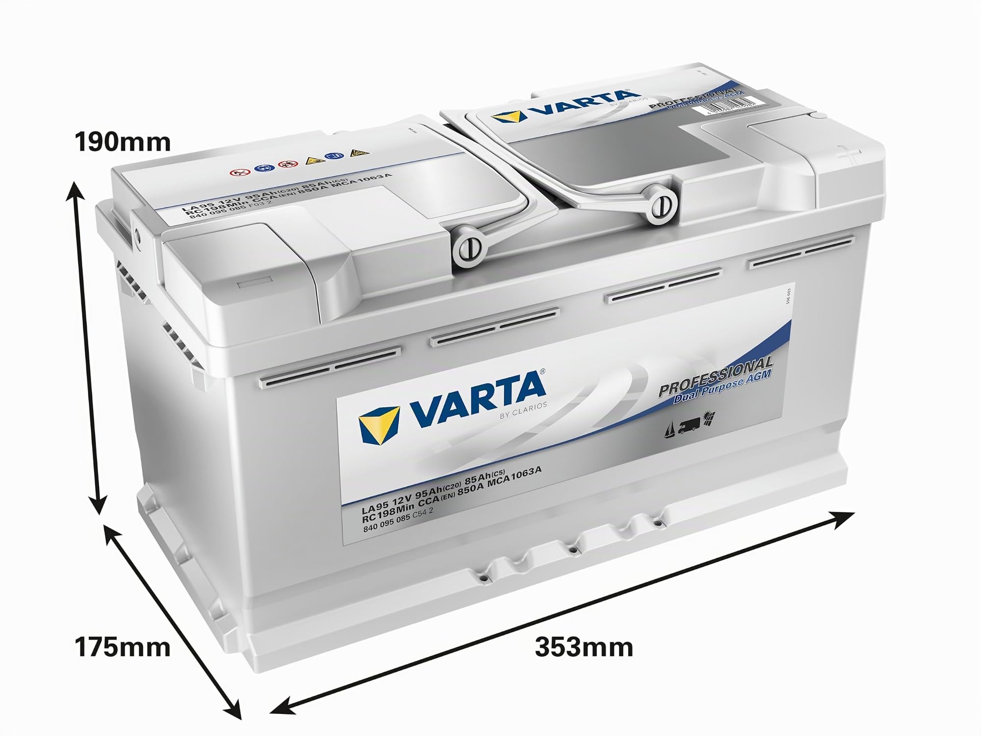 Varta 840095085 - Baterías para coche, 12V, capacidad 95 Ah, código LA 95, AGM profesional de doble propósito, 175 mmx 353 mm x190 mm
