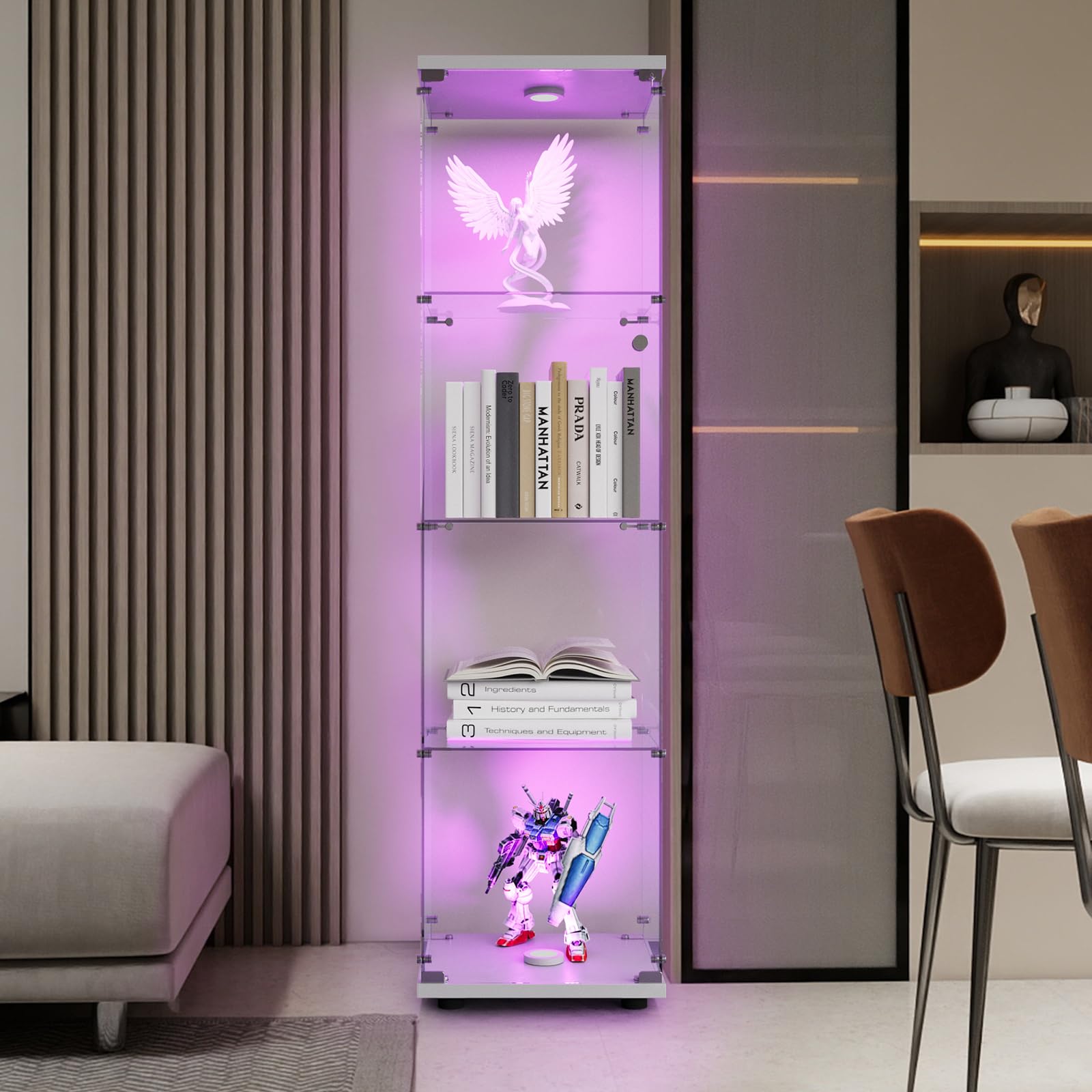 Vitrina de Cristal con LED, Armario para colección con 1 Puerta, 4 estantes, Transparente, gabinete, Vitrina, Cristal, Vitrina, estatuilla, gabinete, Vitrina, salón, Bar (4 Pisos,1 Puerta