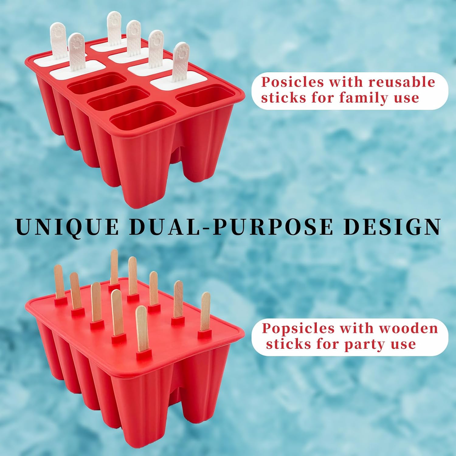 Homemade Popsicle Molds, 10-Cav Non-BPA Silicone Ice Pop Maker, with 100 Sticks, 100 Bags, 10 Reusable Sticks, Funnel, Brush (RED)